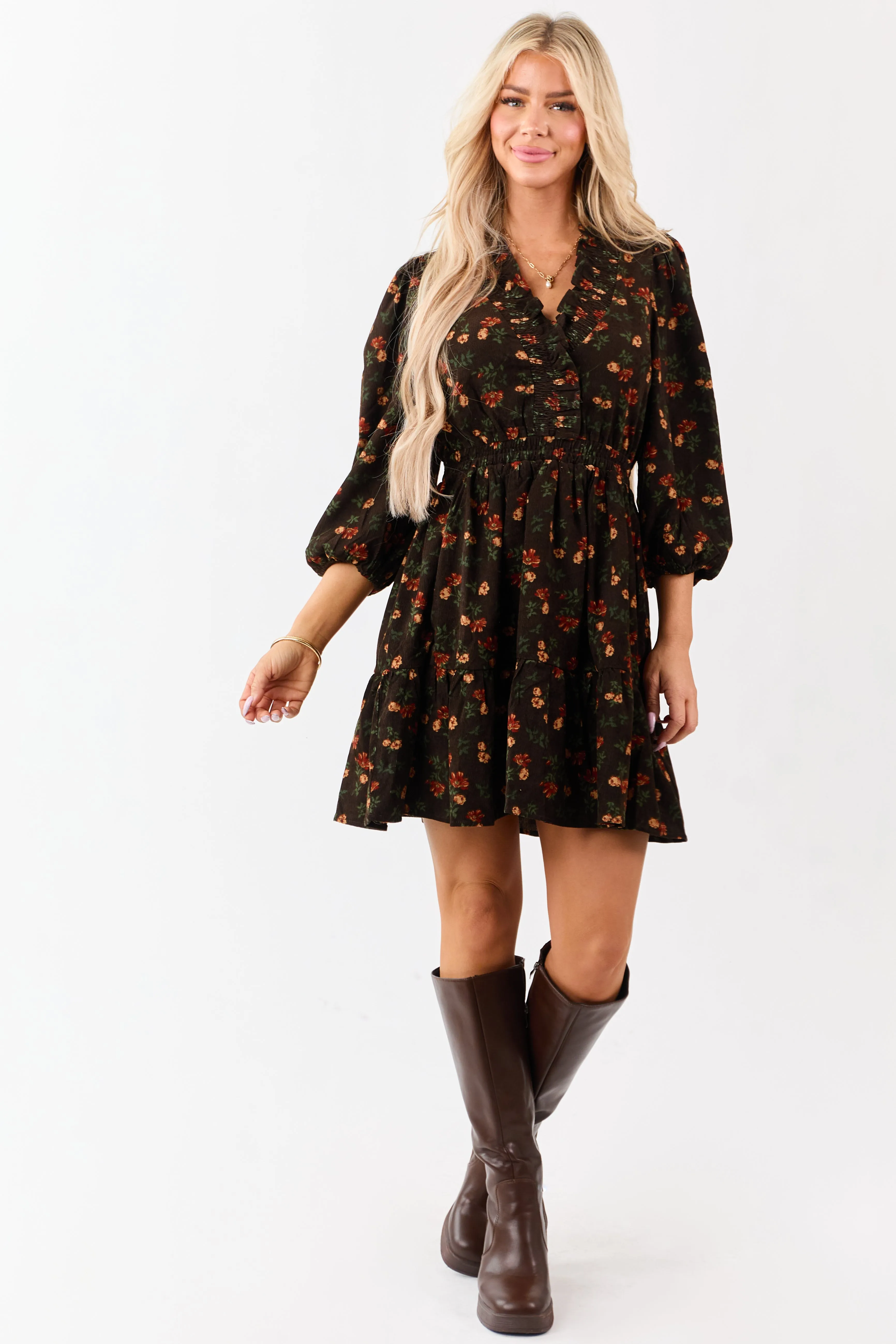 Cocoa Floral Print Ruffle Neckline Corduroy Mini Dress sold by Lime Lush