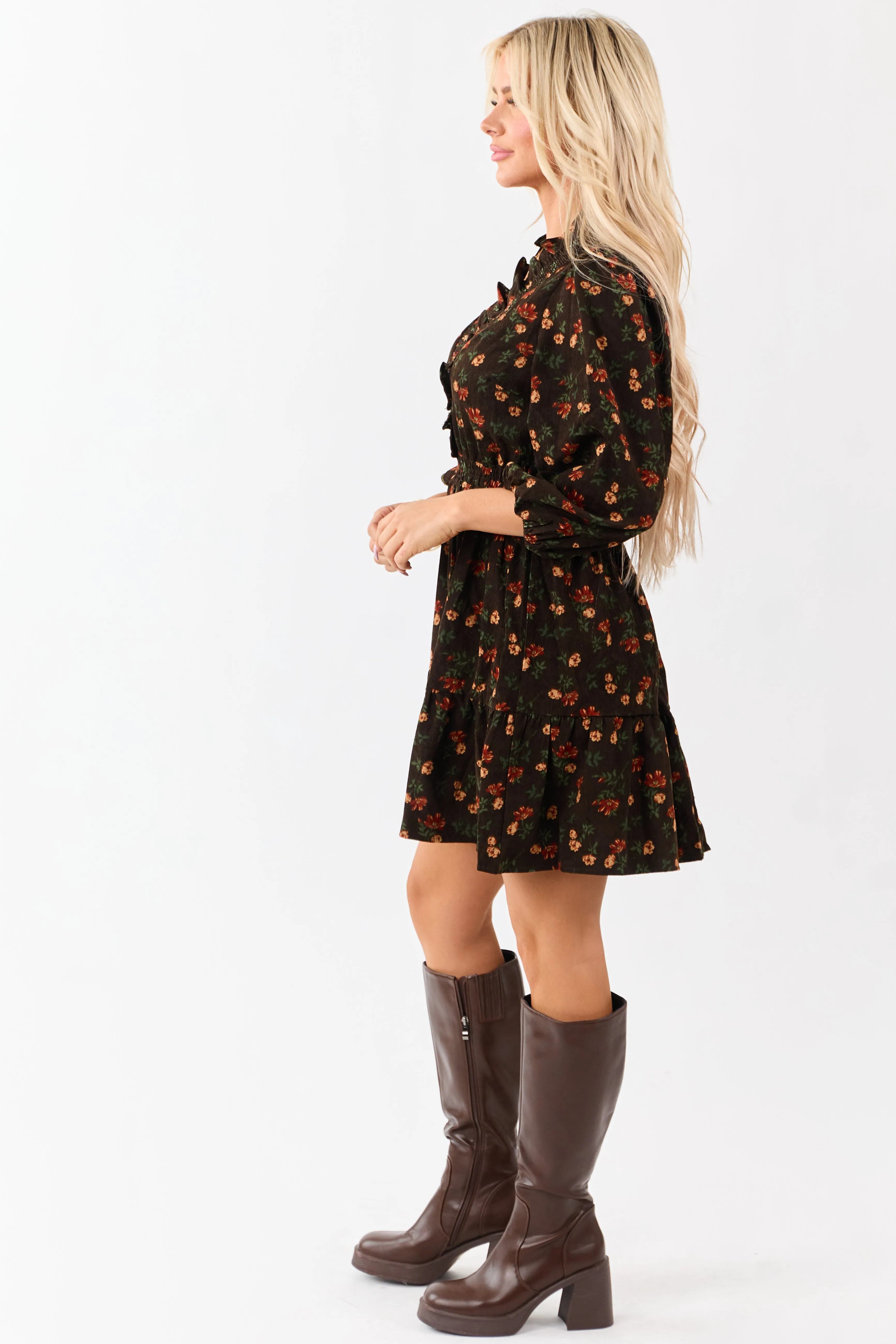 Cocoa Floral Print Ruffle Neckline Corduroy Mini Dress sold by Lime Lush product image thumbnail 4