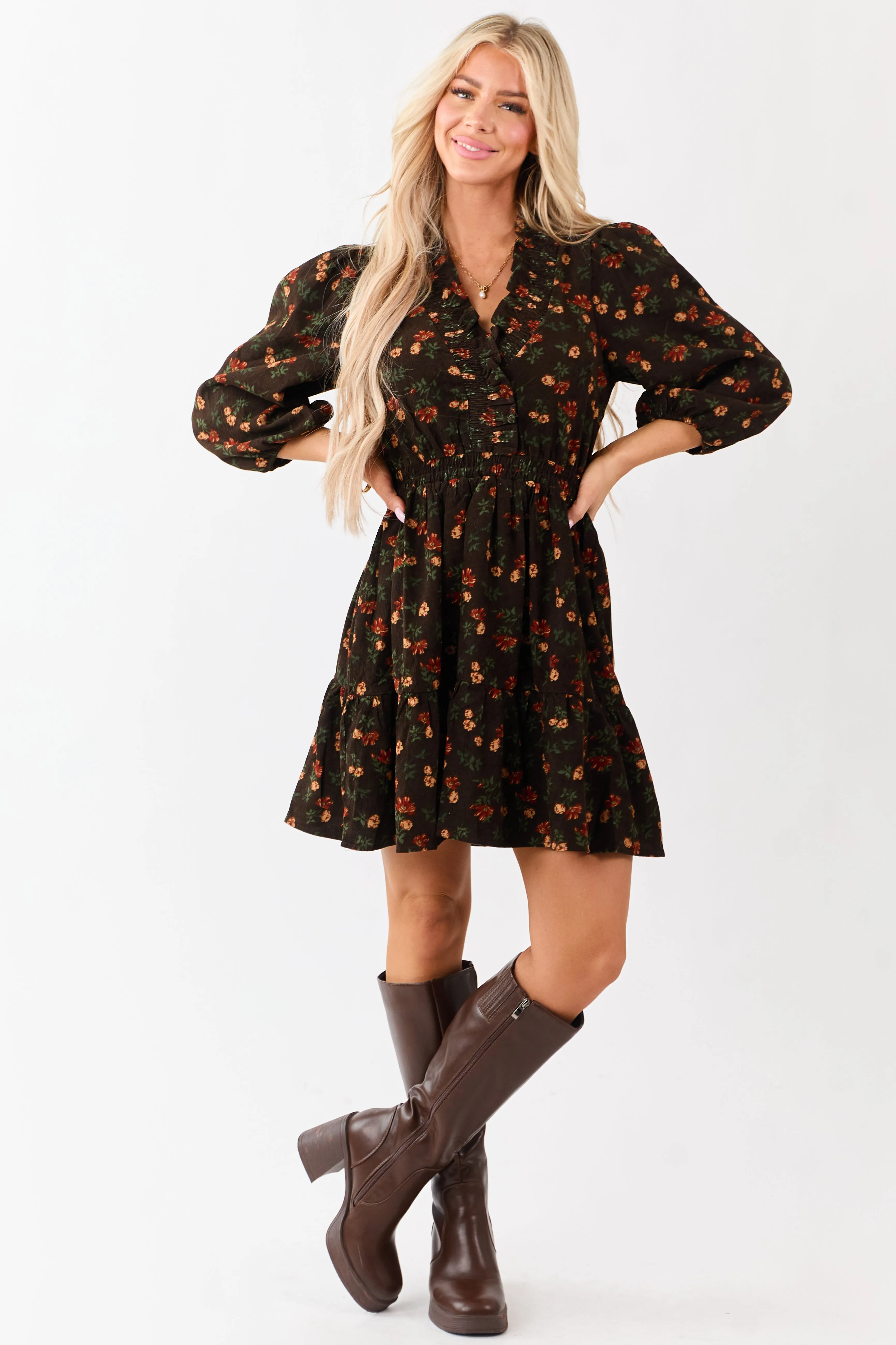 Cocoa Floral Print Ruffle Neckline Corduroy Mini Dress sold by Lime Lush product image thumbnail 2