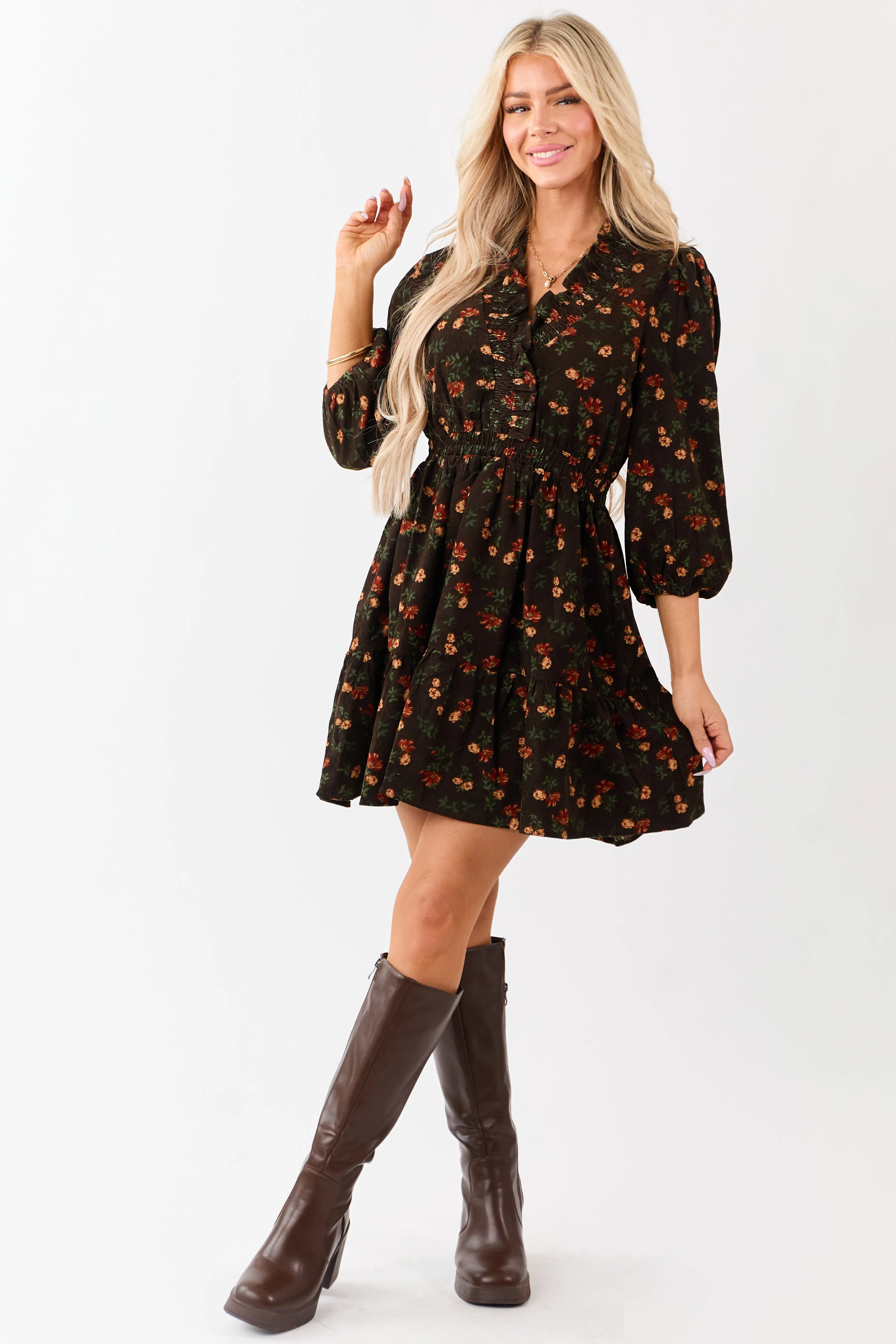 Cocoa Floral Print Ruffle Neckline Corduroy Mini Dress sold by Lime Lush product image thumbnail 3