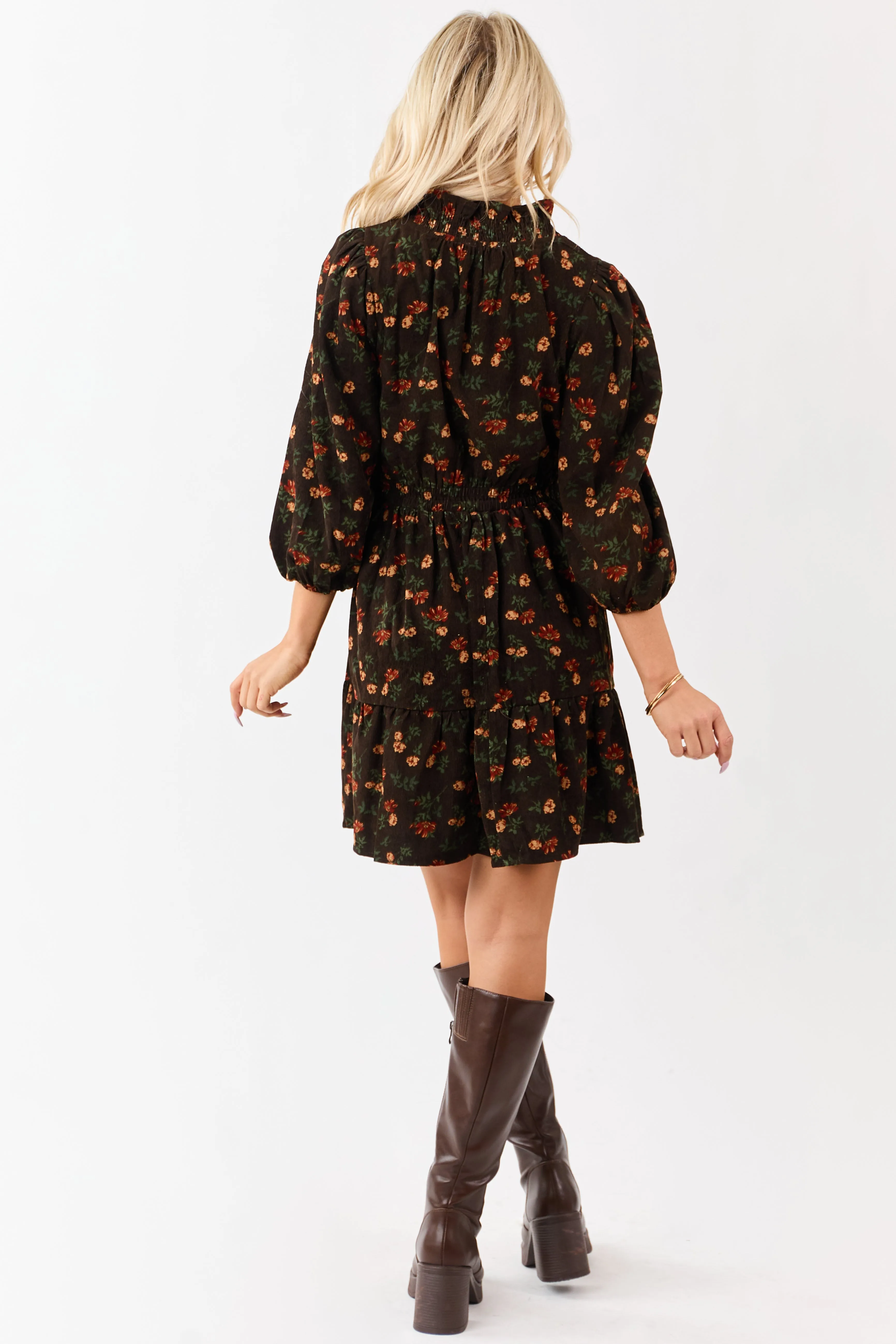 Cocoa Floral Print Ruffle Neckline Corduroy Mini Dress sold by Lime Lush product image thumbnail 5
