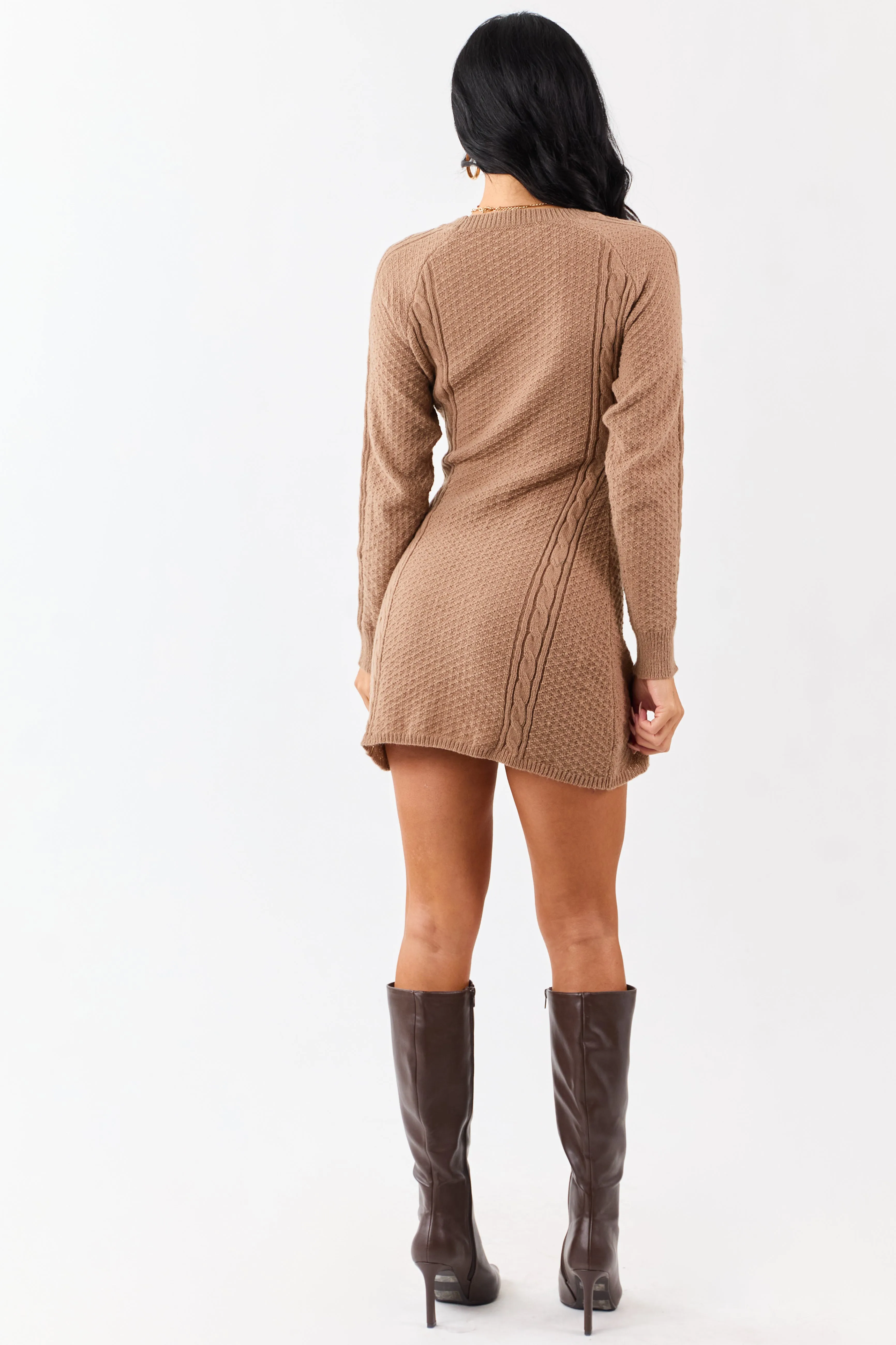Light Coffee Cable Knit Long Sleeve Sweater Mini Dress sold by Lime Lush product image thumbnail 5