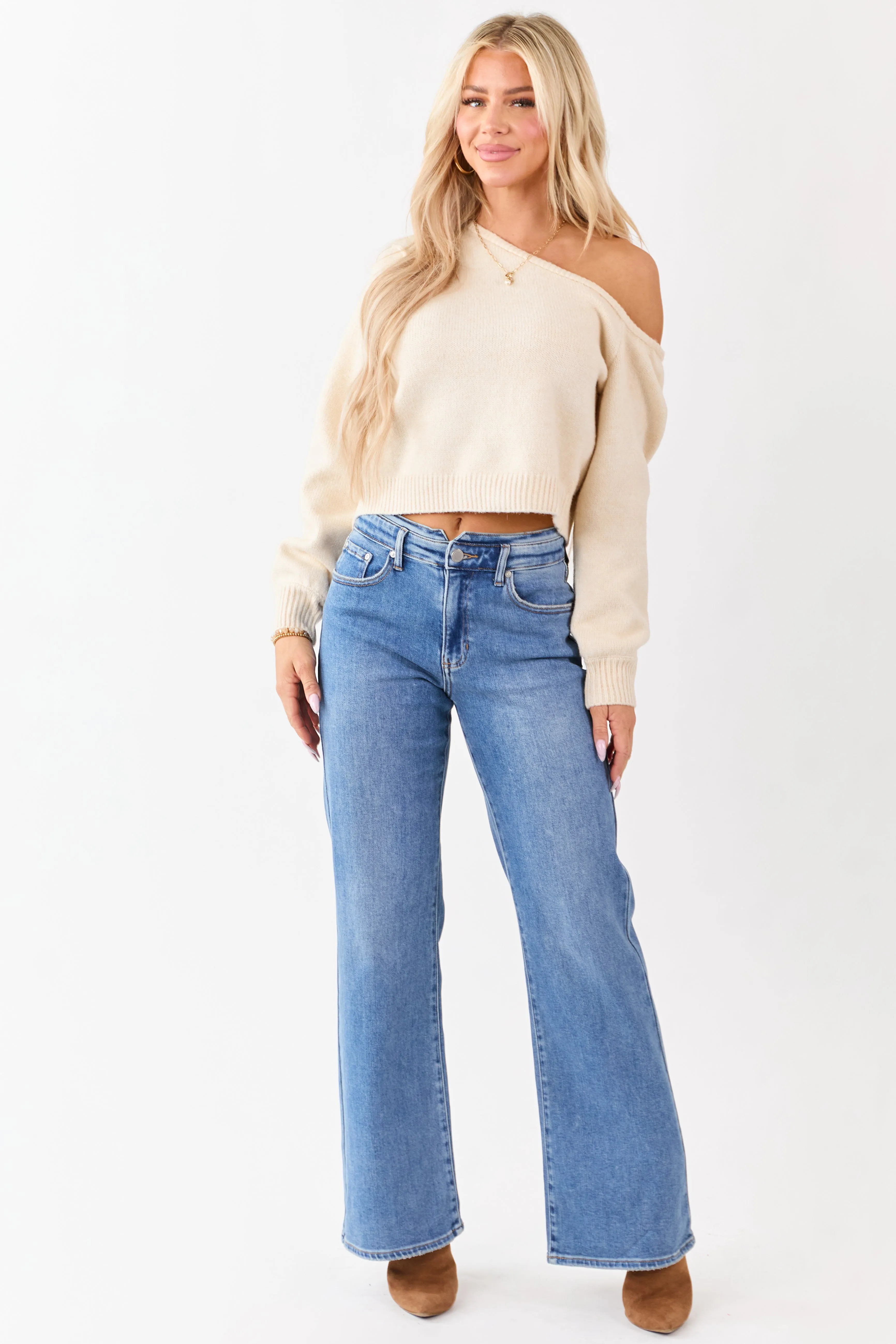 Champagne Asymmetrical One Shoulder Sweater sold by Lime Lush product image thumbnail 3