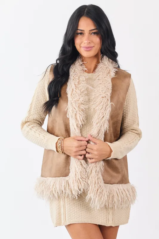Cognac Faux Suede Open Front Faux Fur Trim Vest sold by Lime Lush