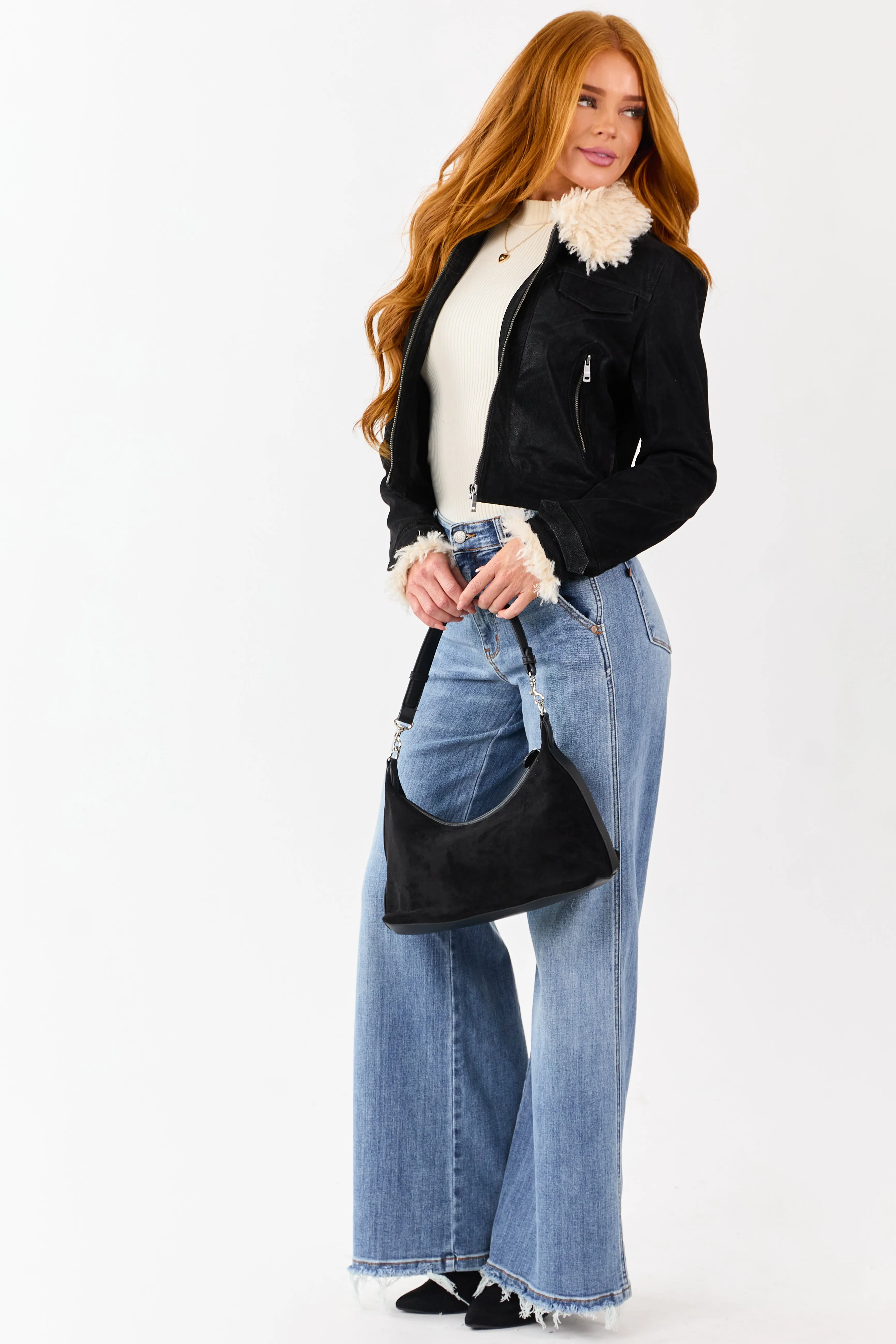 Black Faux Leather Zip Up Sherpa Aviator Jacket sold by Lime Lush product image thumbnail 2