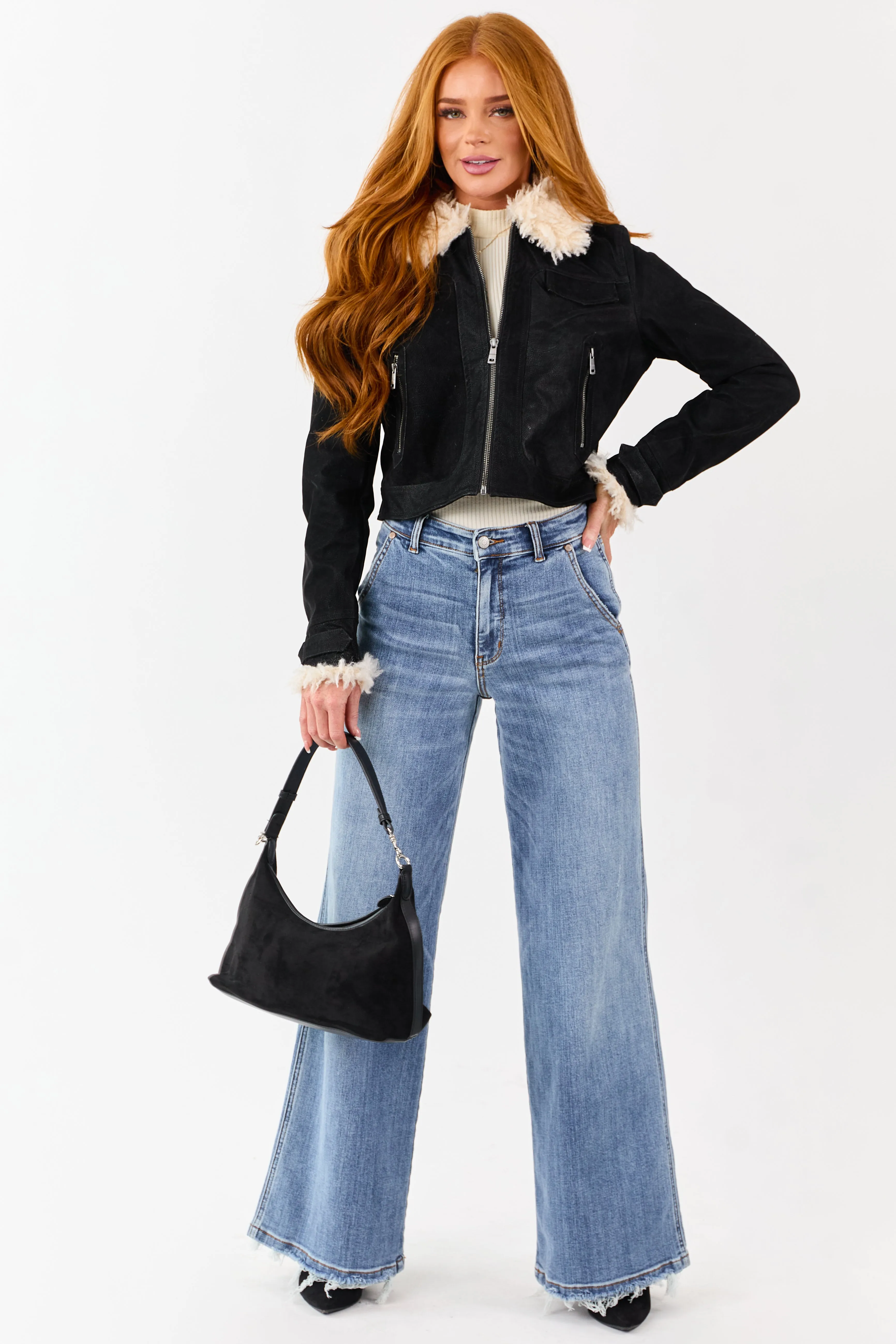 Black Faux Leather Zip Up Sherpa Aviator Jacket sold by Lime Lush product image thumbnail 4