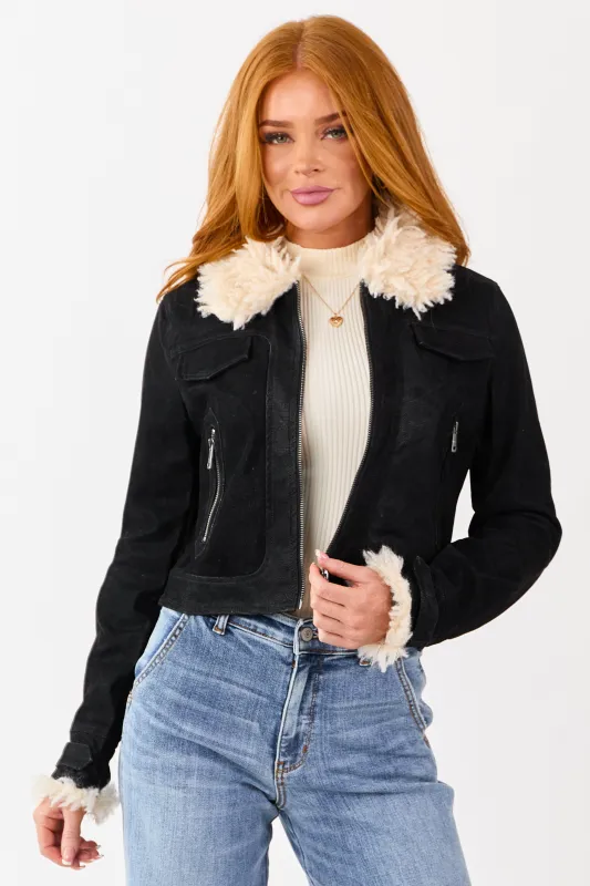 Black Faux Leather Zip Up Sherpa Aviator Jacket sold by Lime Lush