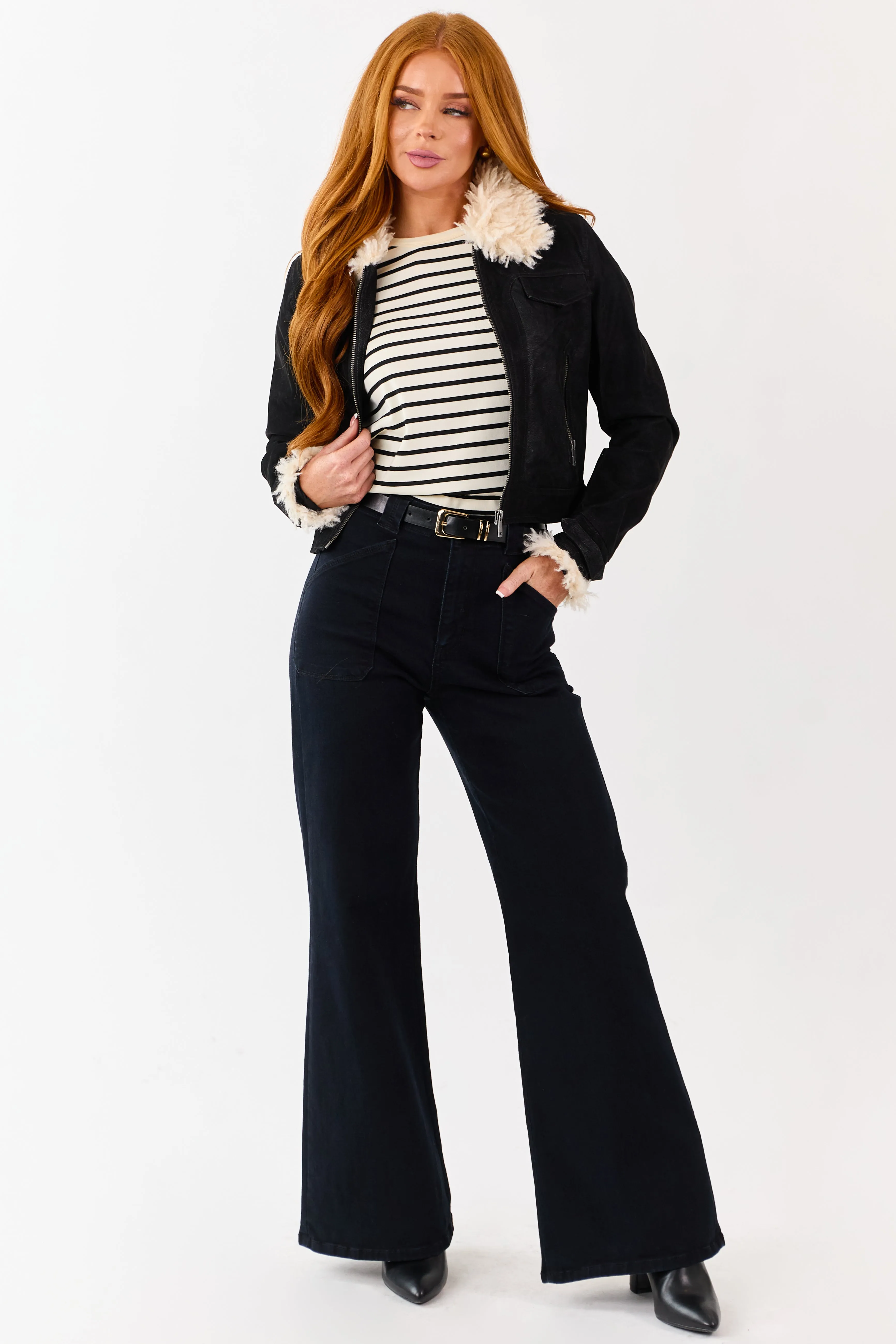 Black Faux Leather Zip Up Sherpa Aviator Jacket sold by Lime Lush product image thumbnail 5