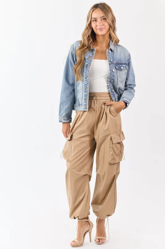 Beige Faux Leather Elastic Waist Cargo Pants sold by Lime Lush