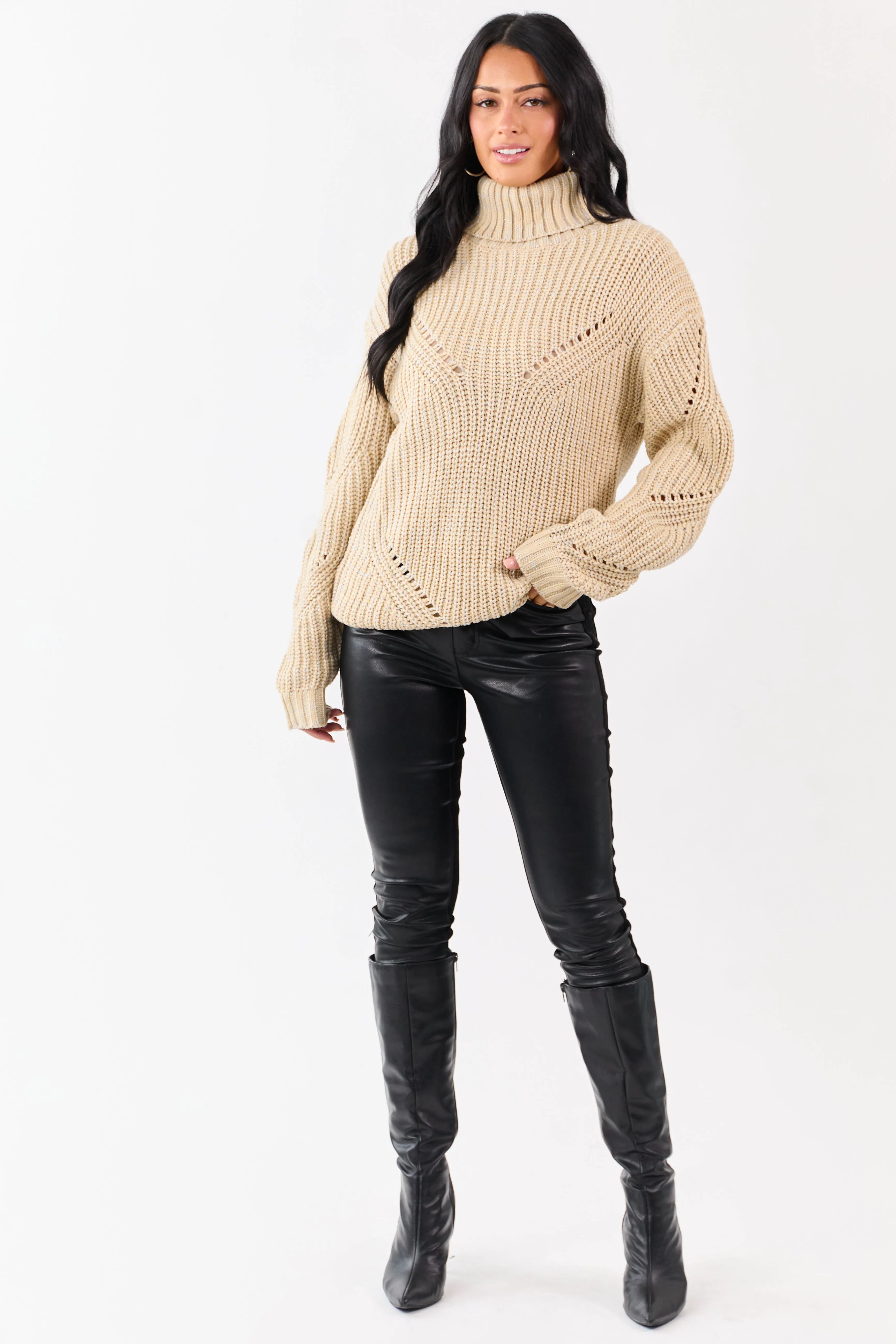 Sand Lurex Stitch Turtleneck Pointelle Ribbed Sweater sold by Lime Lush product image thumbnail 3