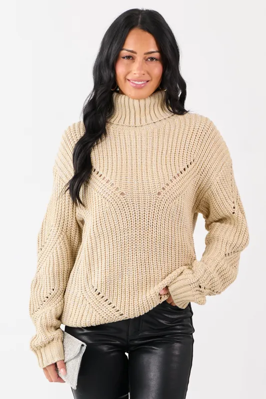 Sand Lurex Stitch Turtleneck Pointelle Ribbed Sweater sold by Lime Lush