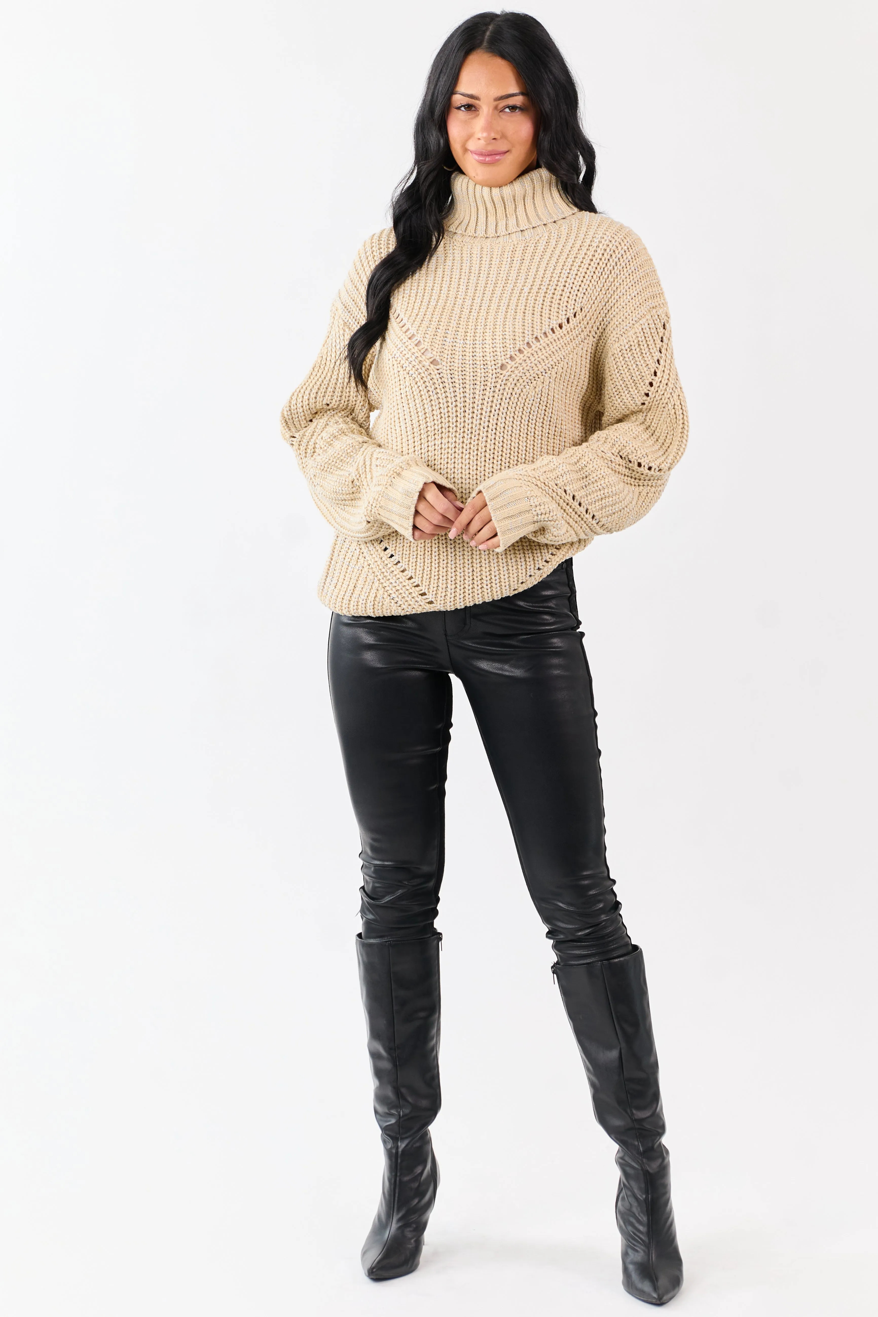 Sand Lurex Stitch Turtleneck Pointelle Ribbed Sweater sold by Lime Lush product image thumbnail 2