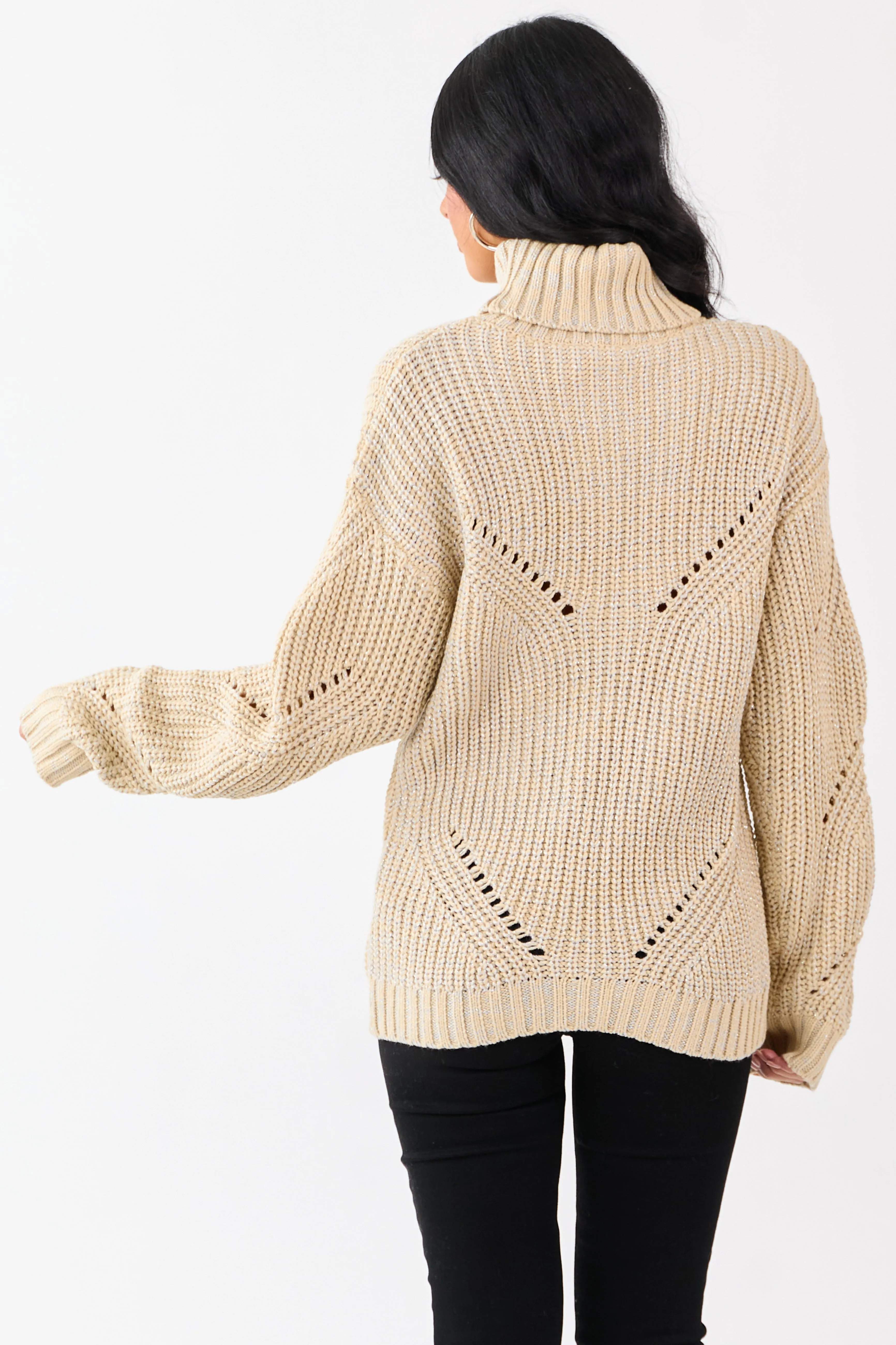 Sand Lurex Stitch Turtleneck Pointelle Ribbed Sweater sold by Lime Lush product image thumbnail 5