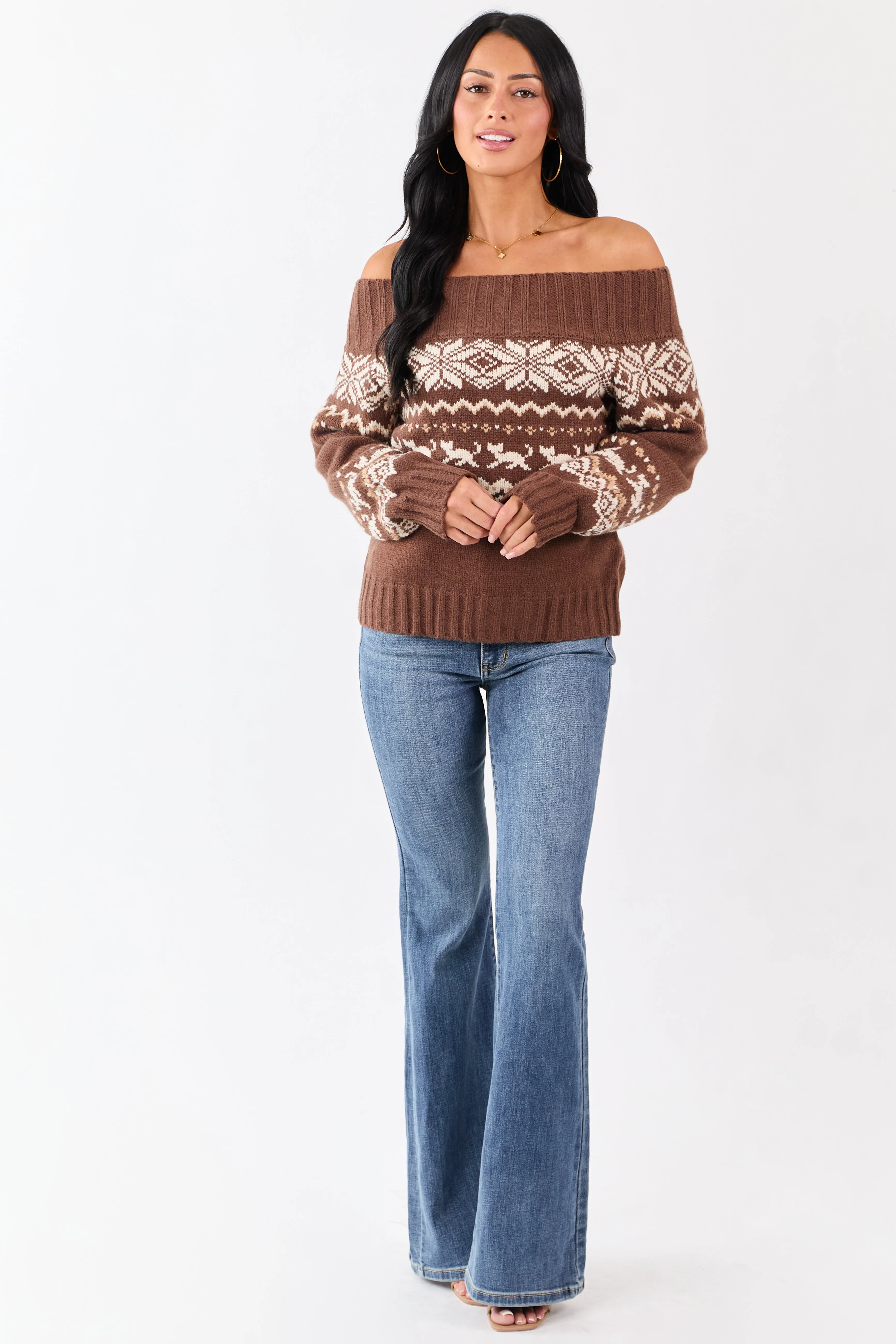 Coffee Fair Isle Pattern Off Shoulder Knit Sweater sold by Lime Lush product image thumbnail 2