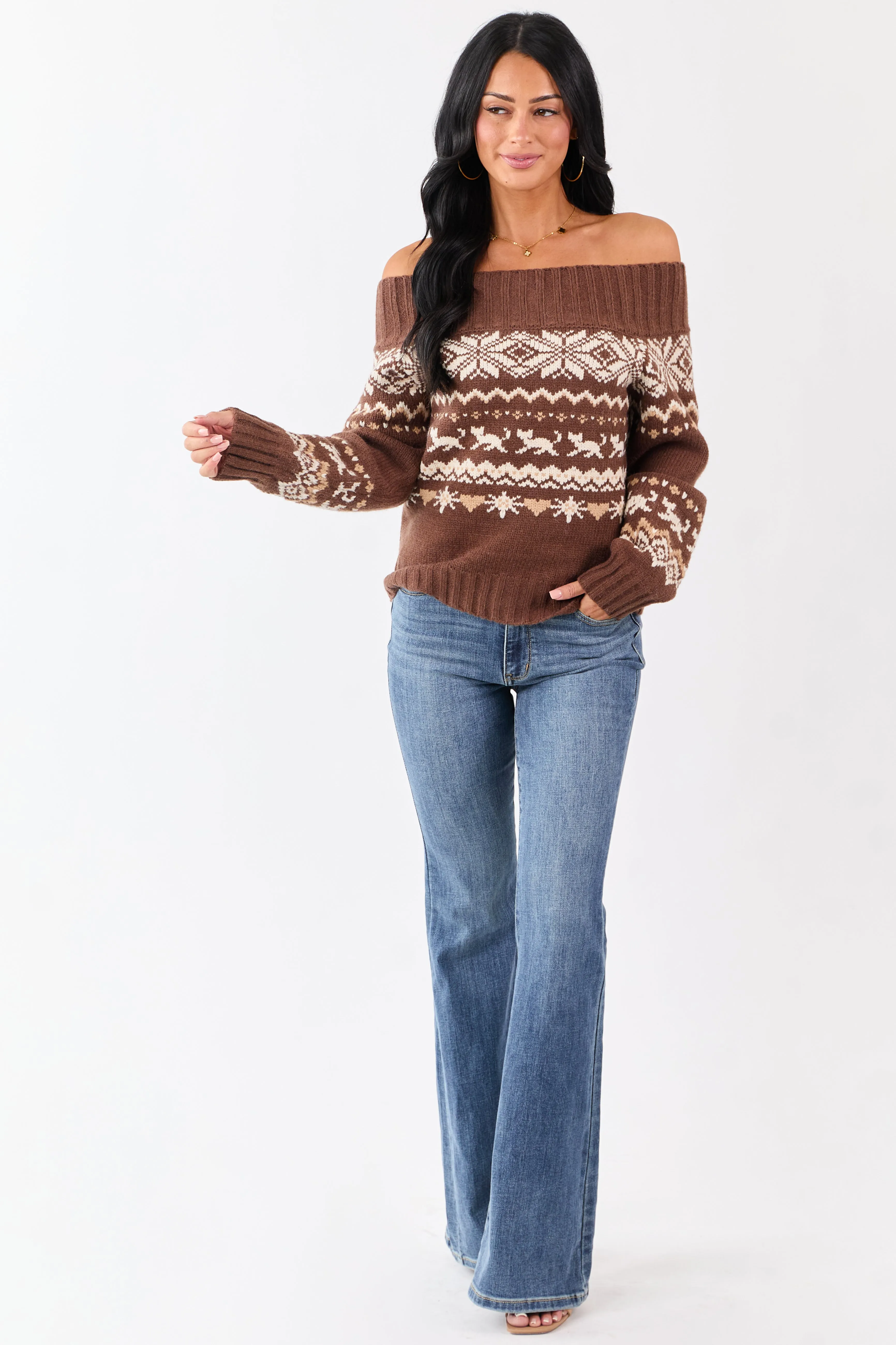 Coffee Fair Isle Pattern Off Shoulder Knit Sweater sold by Lime Lush product image thumbnail 3