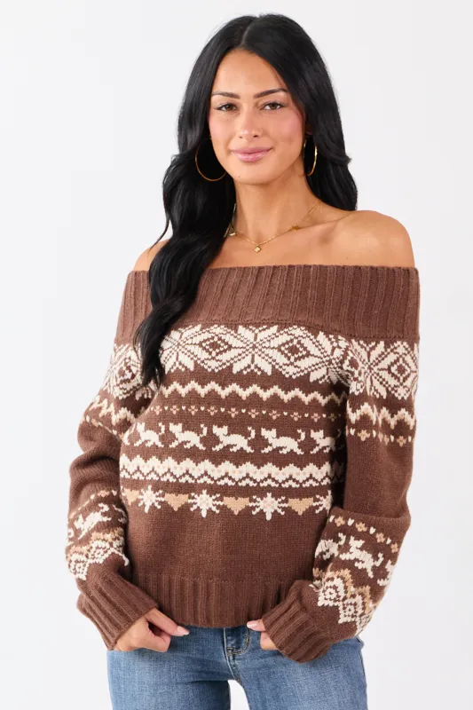 Coffee Fair Isle Pattern Off Shoulder Knit Sweater sold by Lime Lush