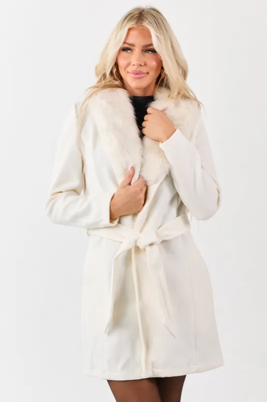 Ivory Faux Fur Lapel Collar Waist Tie Long Coat sold by Lime Lush