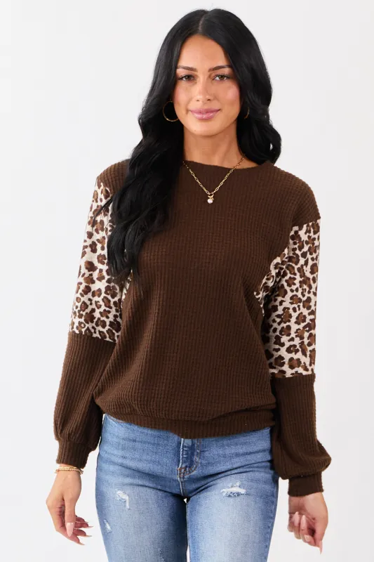 Cocoa Waffle Knit Contrast Leopard Print Sweater sold by Lime Lush