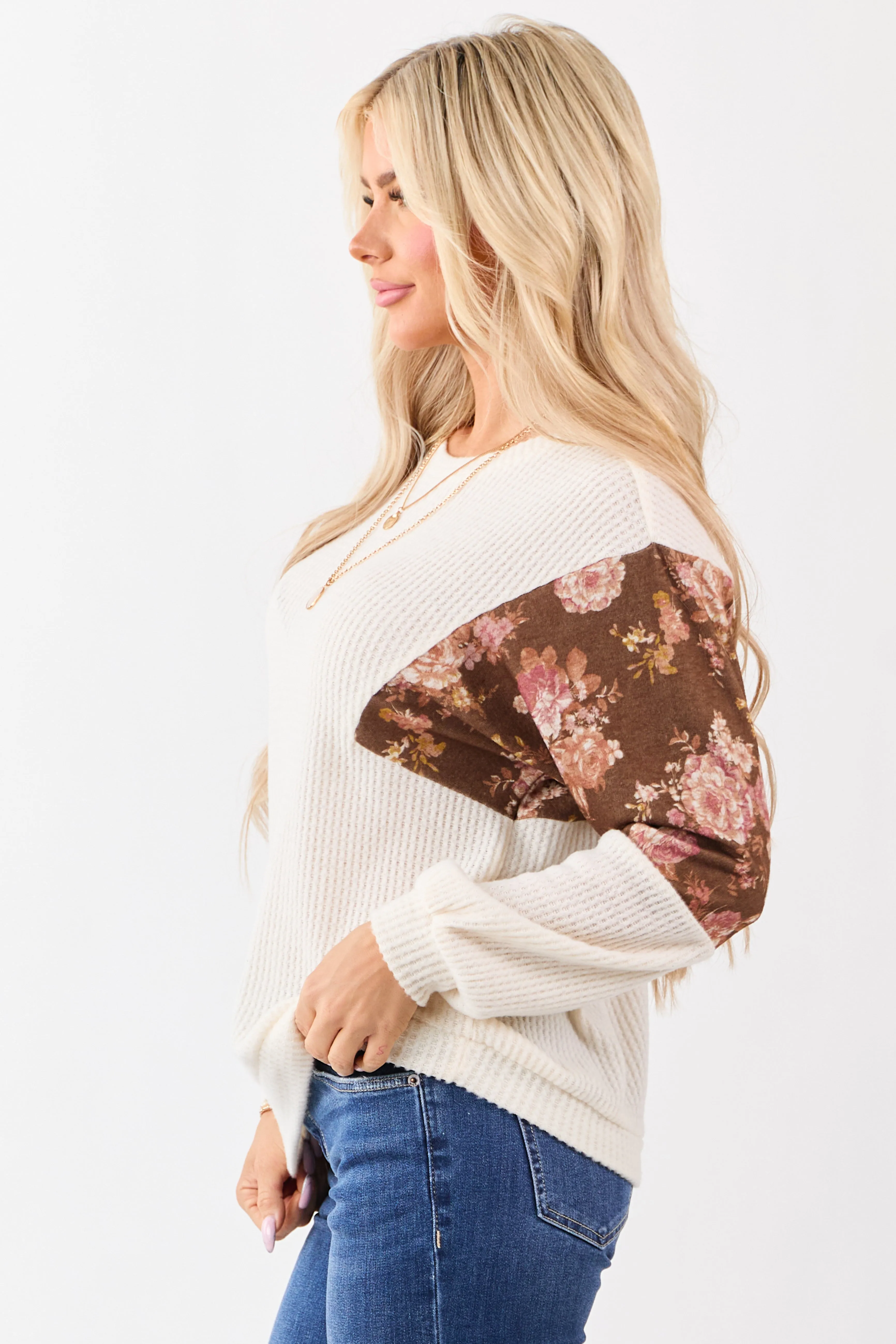Ivory Waffle Knit Contrast Floral Print Sweater sold by Lime Lush product image thumbnail 5