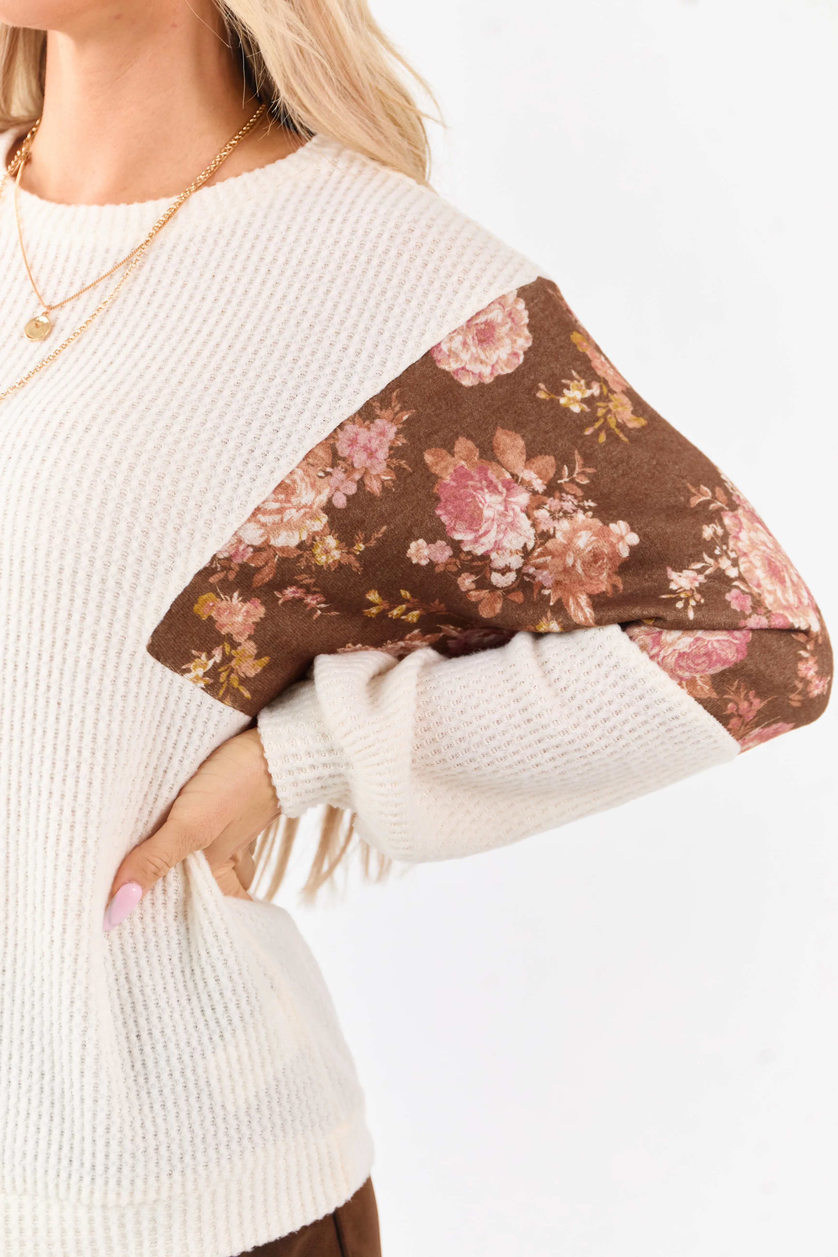 Ivory Waffle Knit Contrast Floral Print Sweater sold by Lime Lush product image thumbnail 2