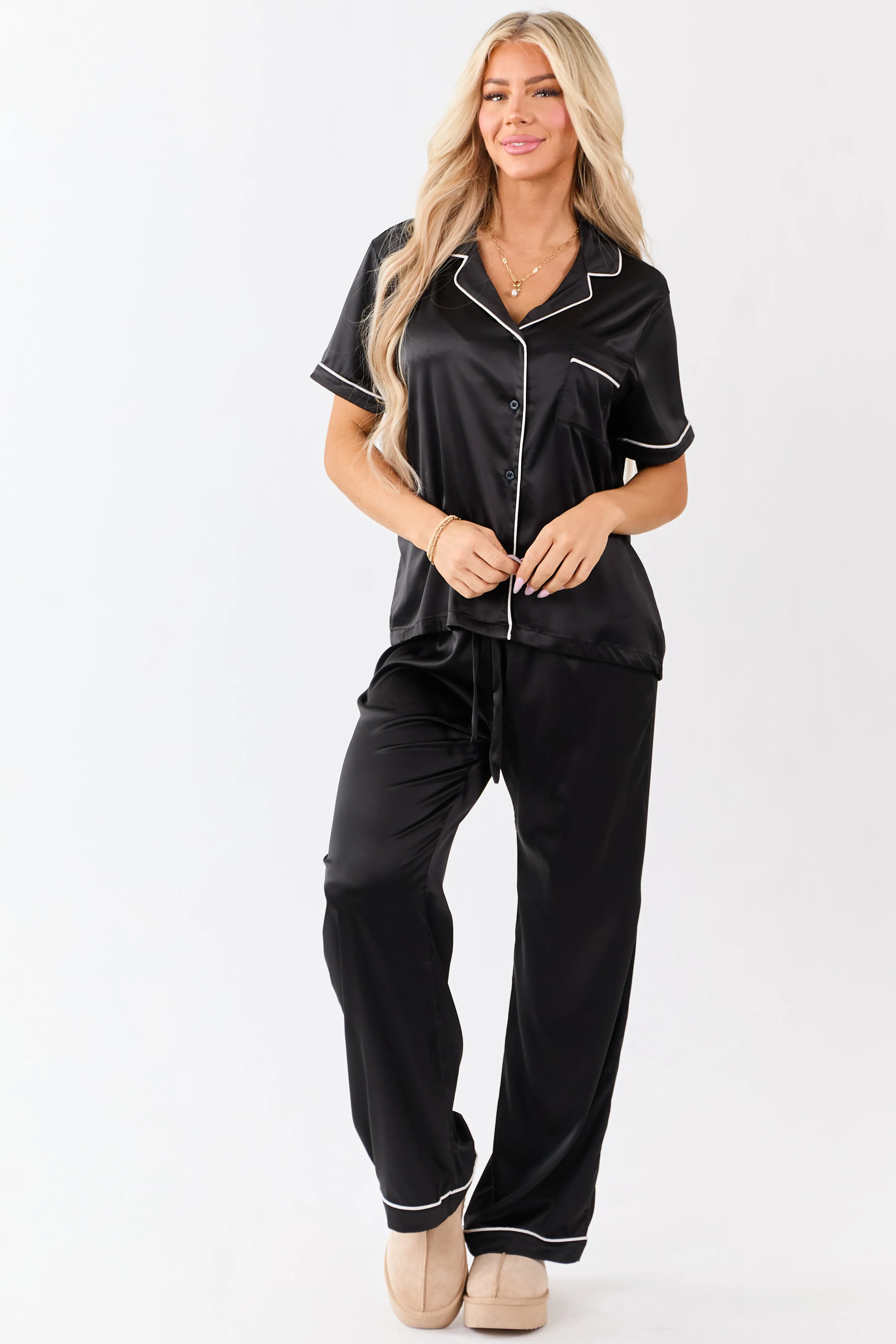 Black Satin Button Down Short Sleeve Pajama Top sold by Lime Lush product image thumbnail 2