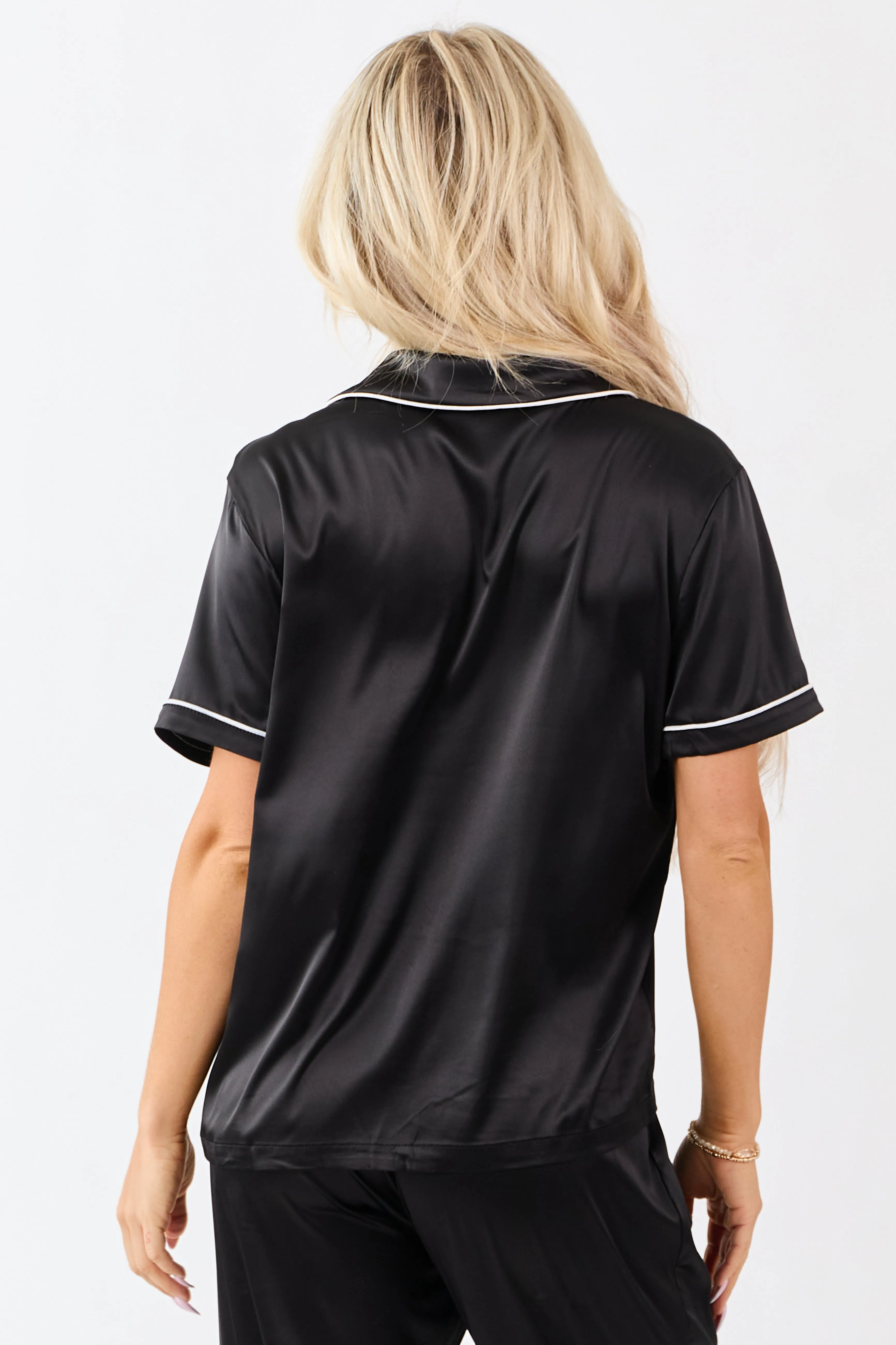 Black Satin Button Down Short Sleeve Pajama Top sold by Lime Lush product image thumbnail 5