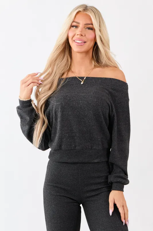 Charcoal Off Shoulder Rib Trim Soft Relaxed Knit Top sold by Lime Lush