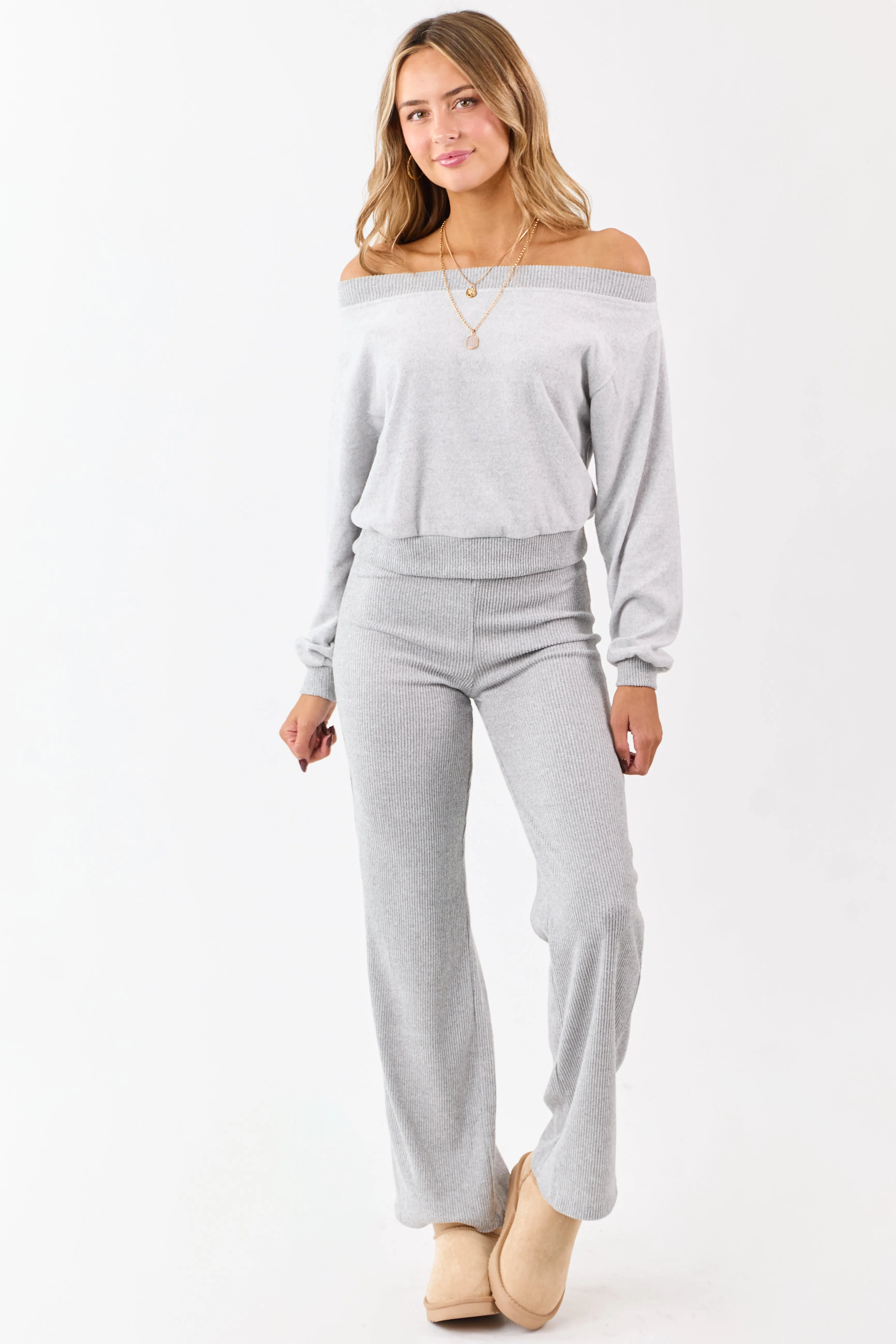 Cloud Grey Off Shoulder Rib Trim Soft Relaxed Knit Top sold by Lime Lush product image thumbnail 2