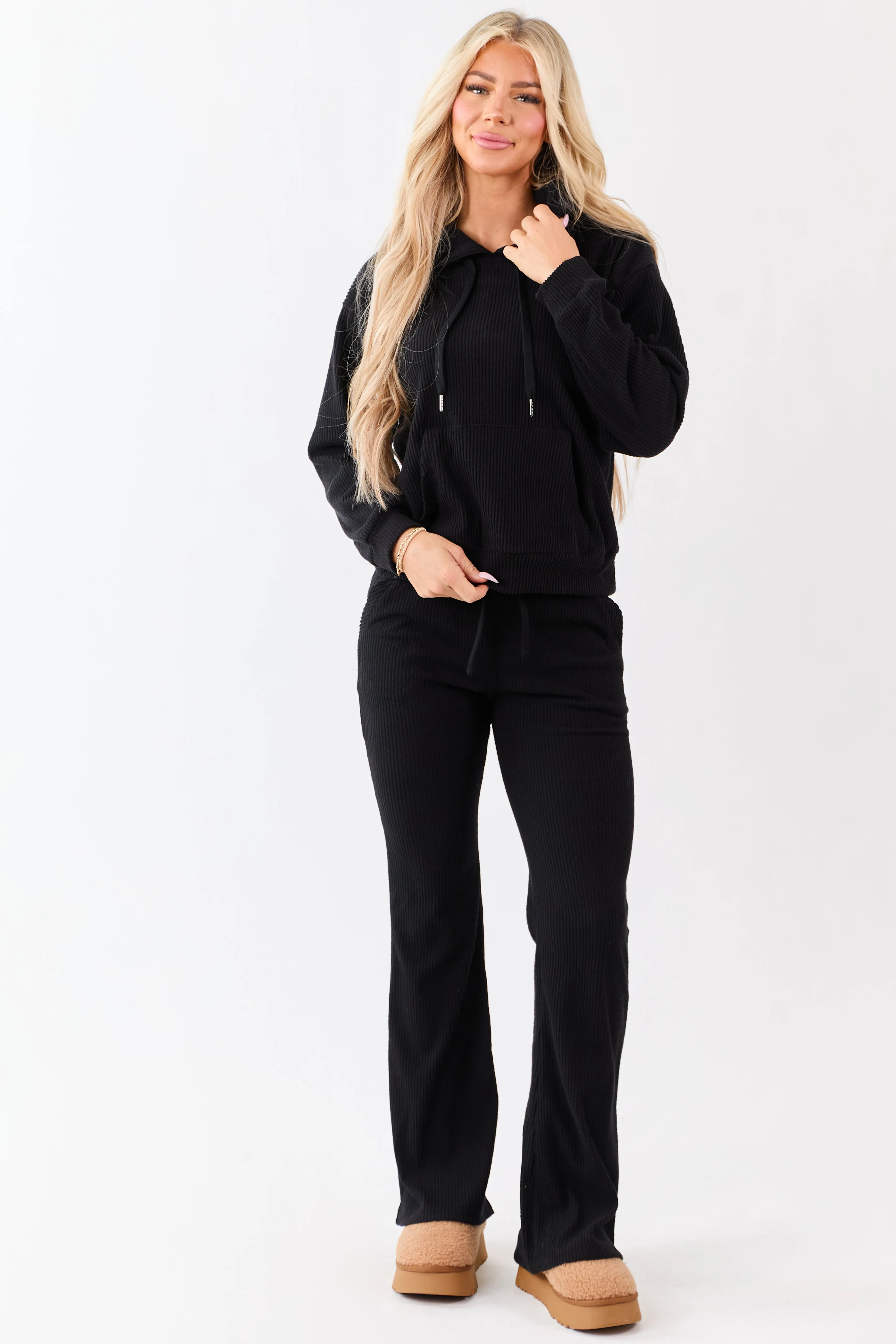 Black Rib Knit Drawstring Hooded Sweatshirt sold by Lime Lush product image thumbnail 4