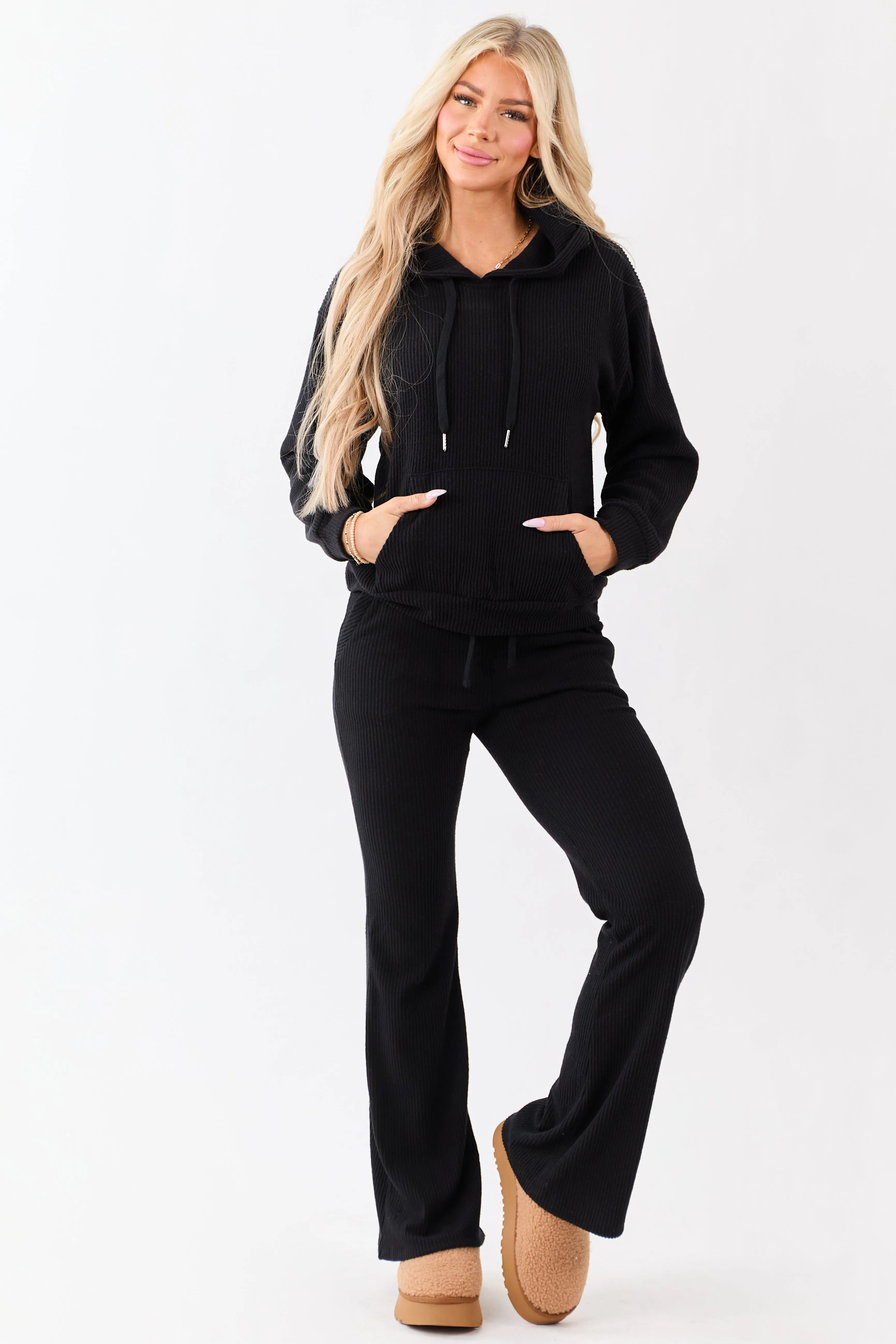 Black Rib Knit Drawstring Hooded Sweatshirt sold by Lime Lush product image thumbnail 2