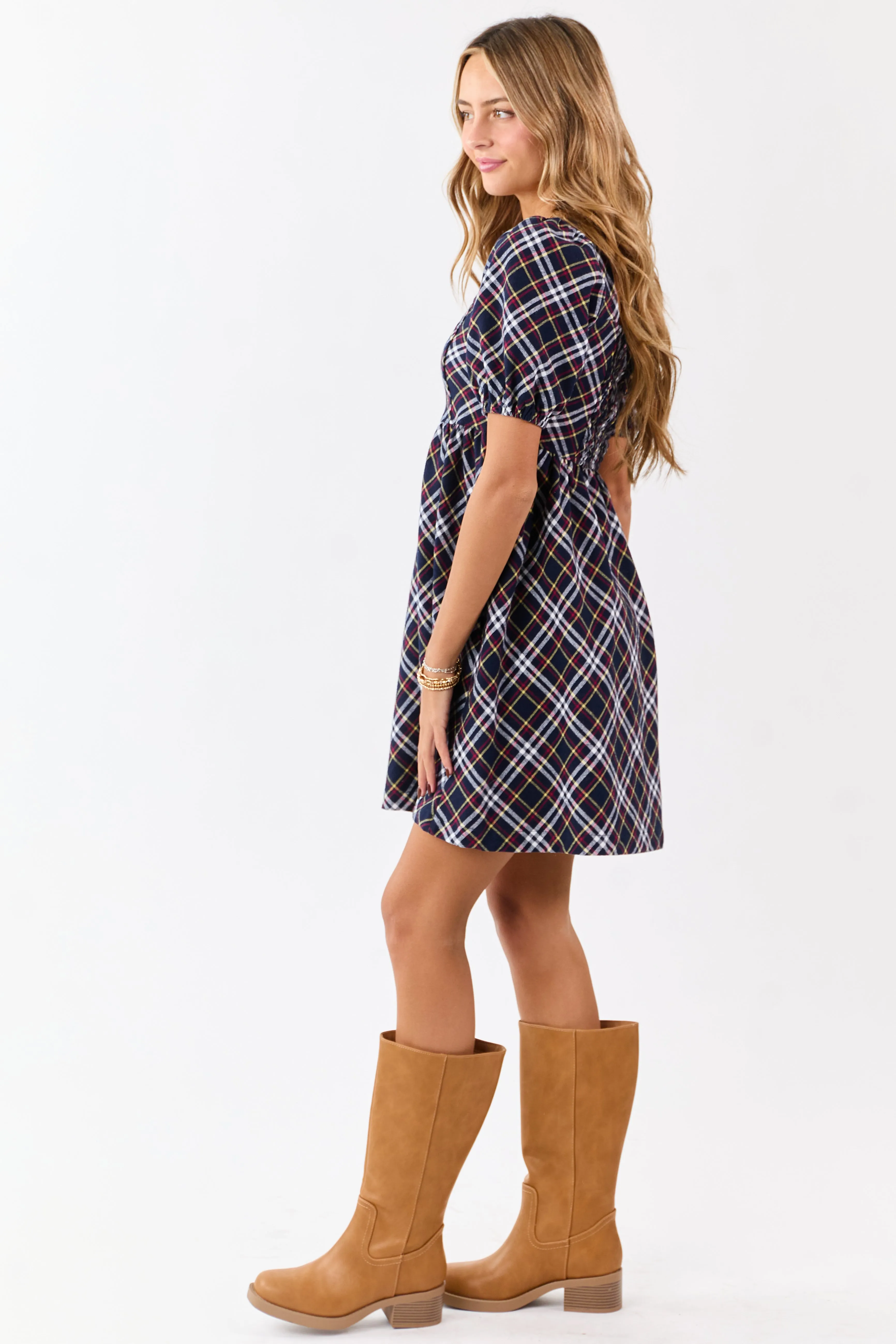 Navy Cotton Plaid Puff Sleeve Square Neck Mini Dress sold by Lime Lush product image thumbnail 4