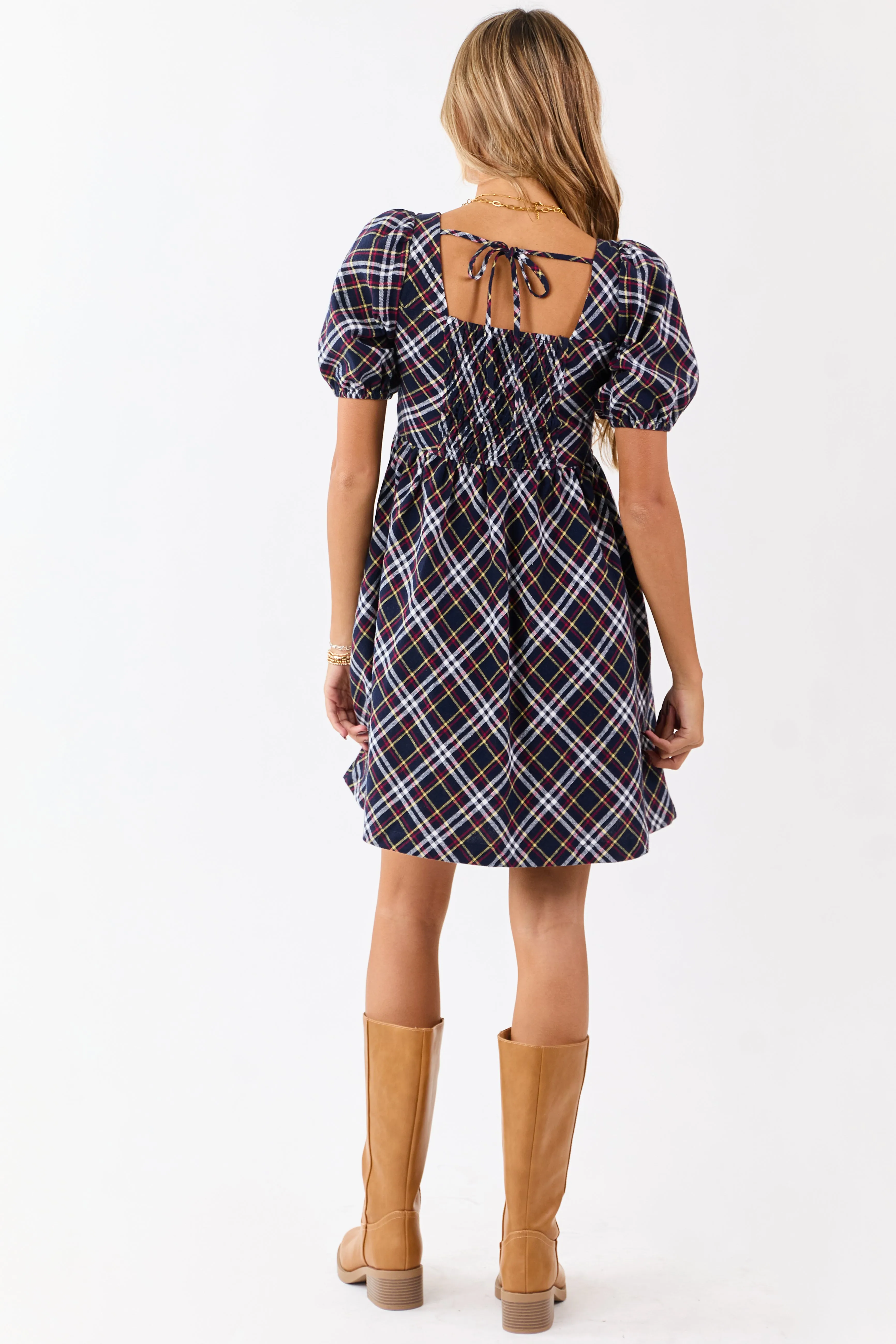 Navy Cotton Plaid Puff Sleeve Square Neck Mini Dress sold by Lime Lush product image thumbnail 5