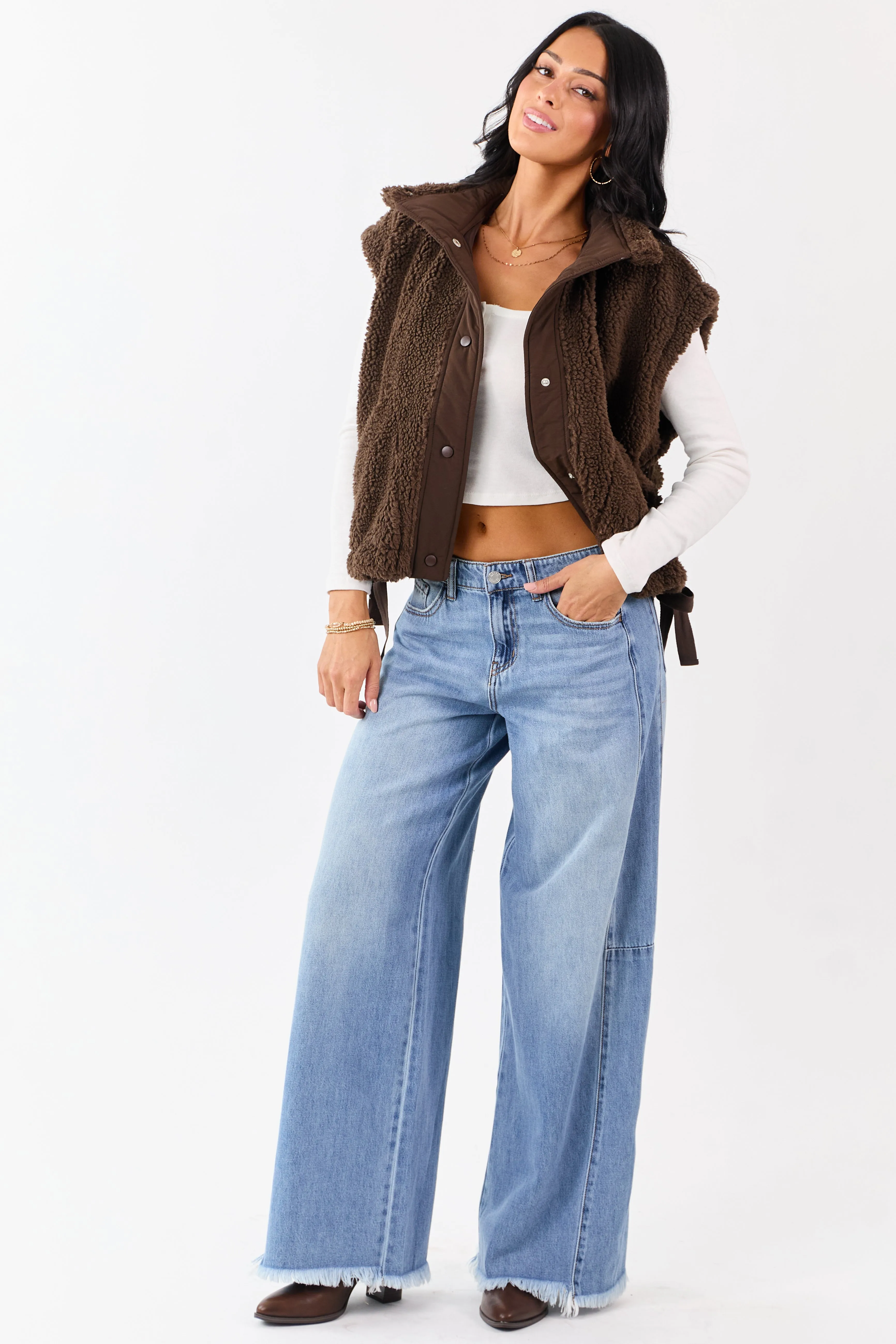 Cocoa Sherpa Contrast Button Down Side Tie Vest sold by Lime Lush product image thumbnail 2