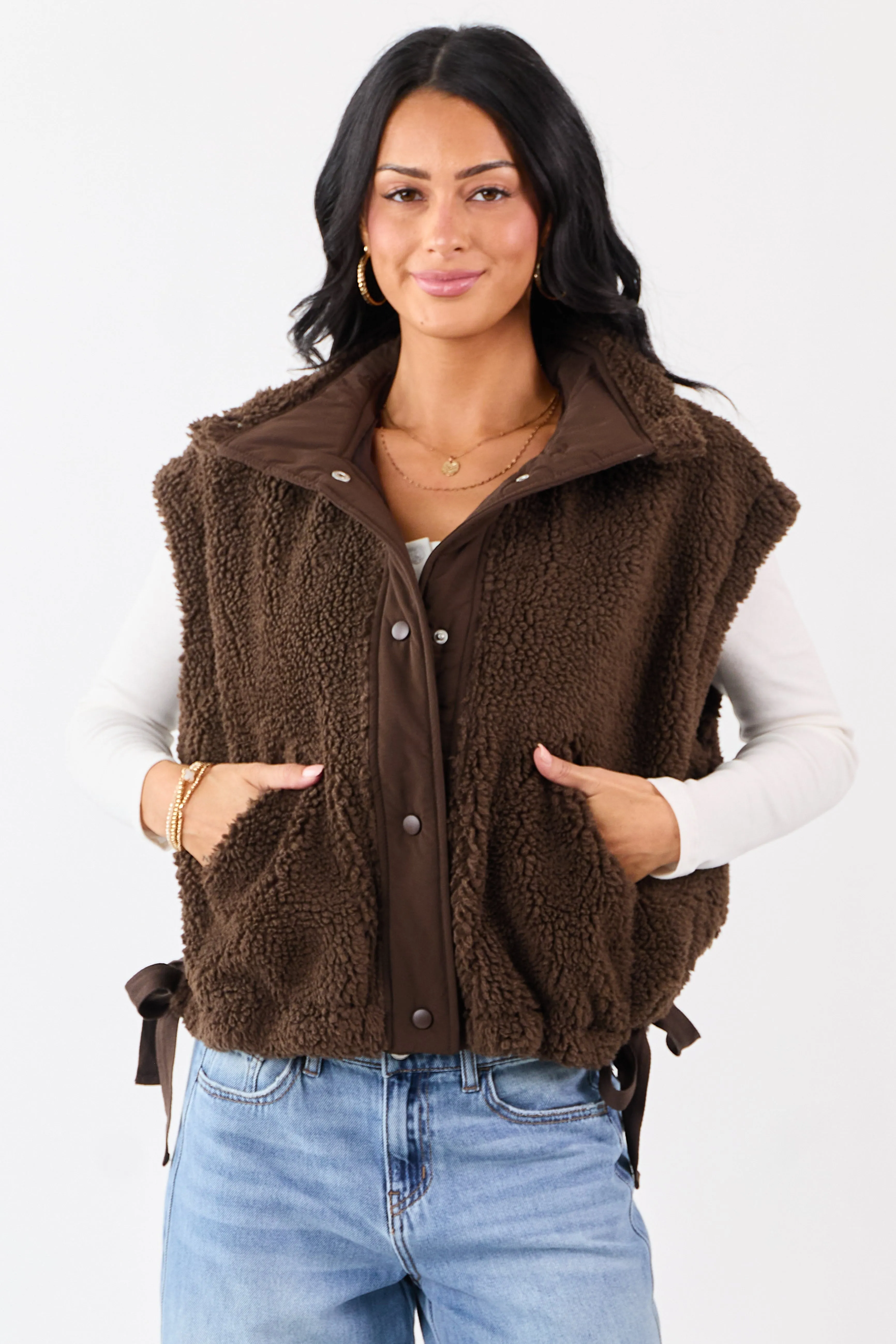 Cocoa Sherpa Contrast Button Down Side Tie Vest sold by Lime Lush