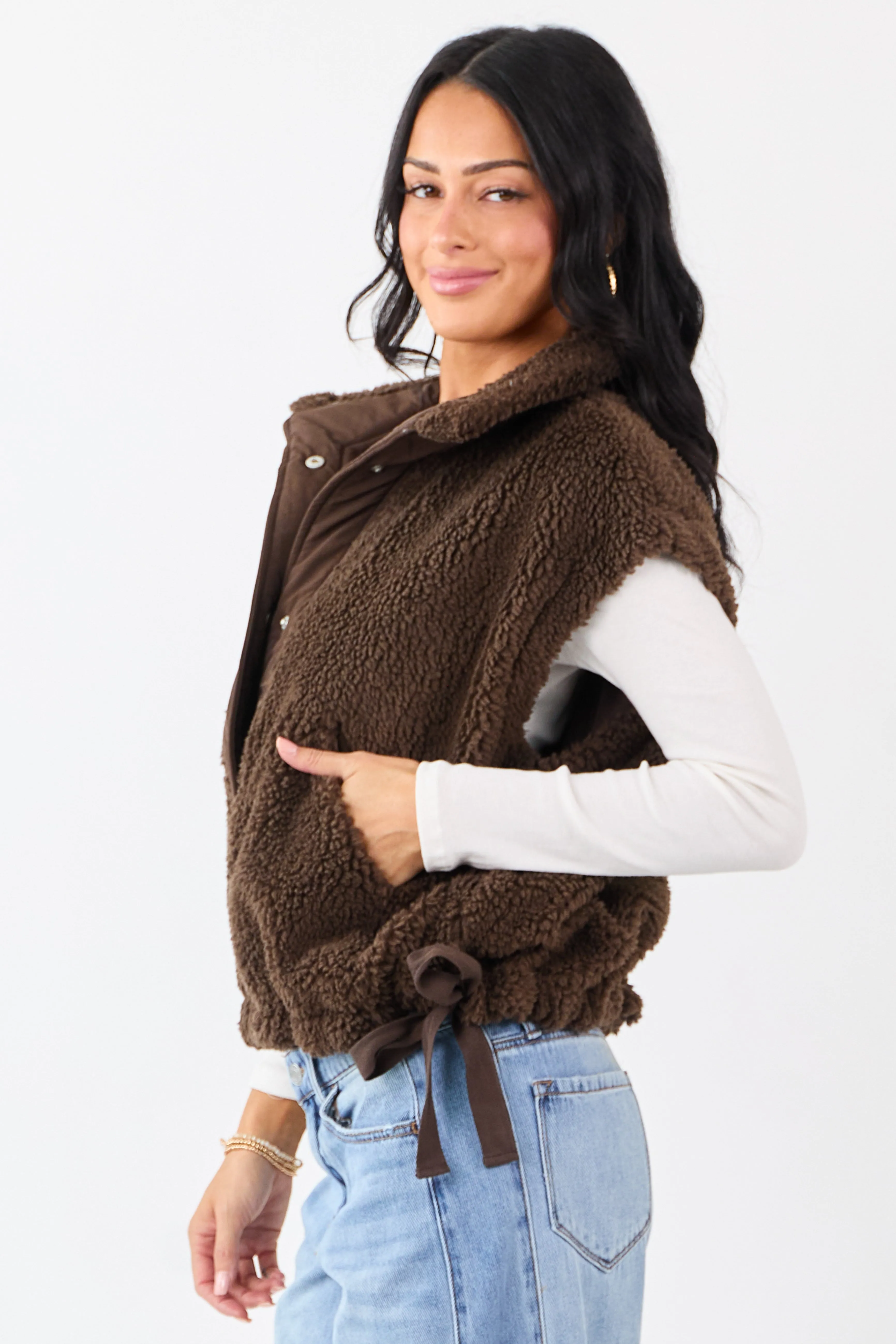 Cocoa Sherpa Contrast Button Down Side Tie Vest sold by Lime Lush product image thumbnail 4