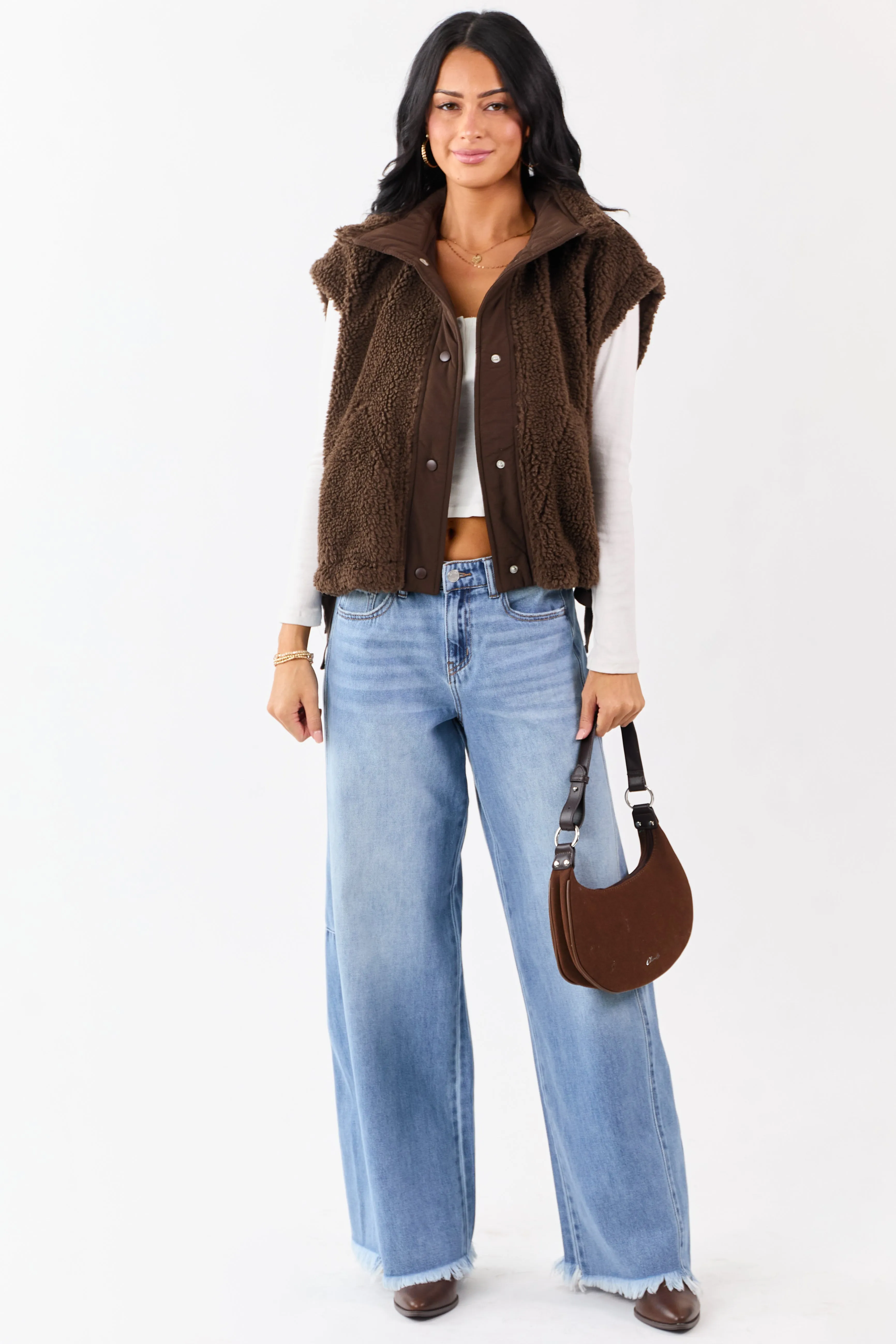 Cocoa Sherpa Contrast Button Down Side Tie Vest sold by Lime Lush product image thumbnail 3