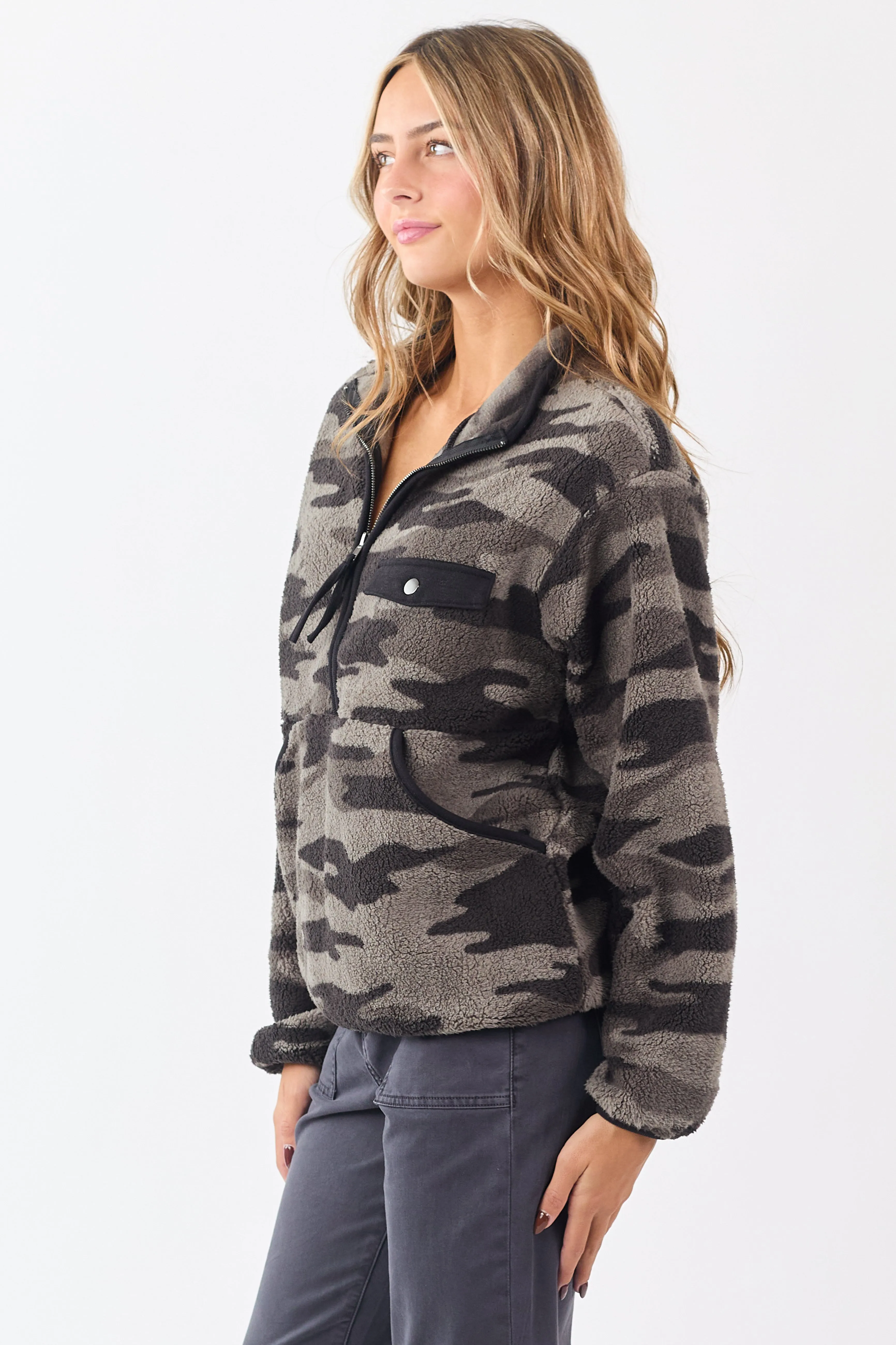 Ash Camo Print Half Zip Up Sherpa Pullover Jacket sold by Lime Lush product image thumbnail 5