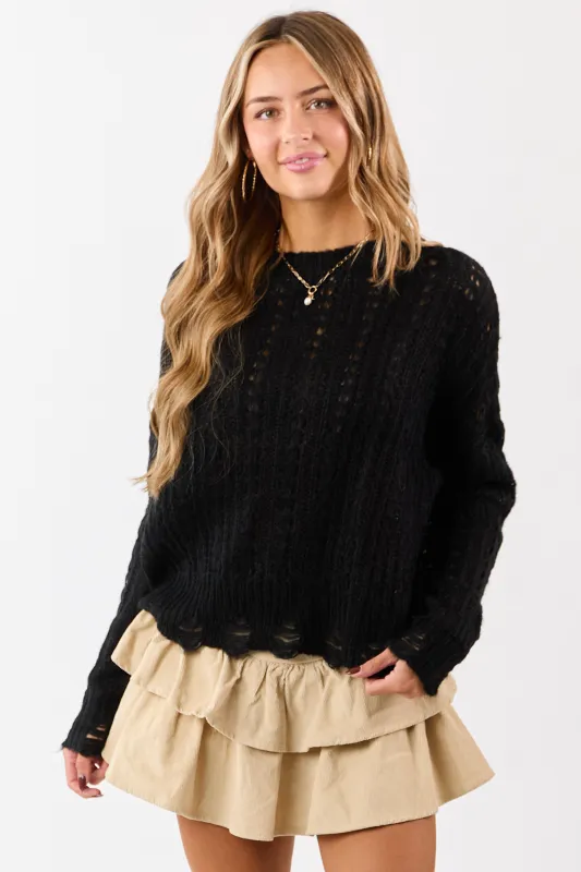 Black Distressed Open Knit Drop Shoulder Sweater sold by Lime Lush