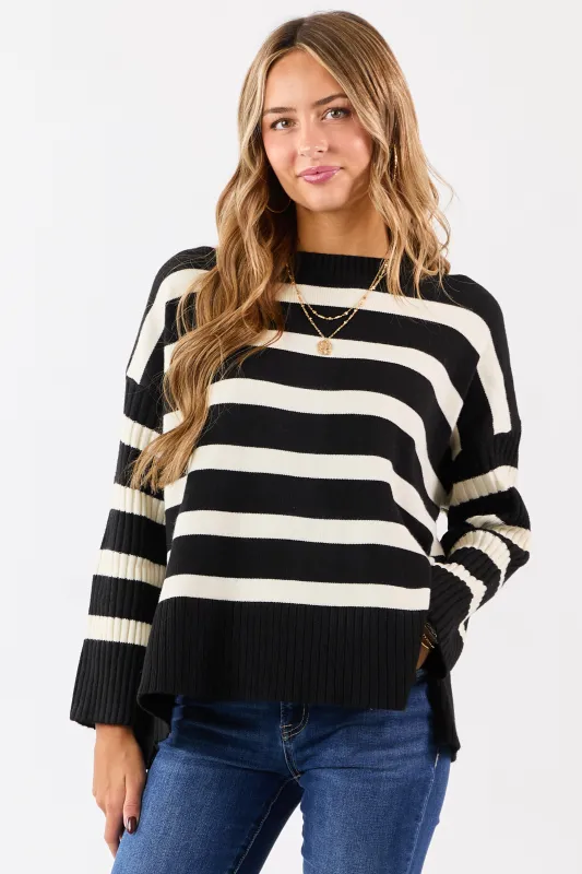 Black and Ivory Striped Ribbed Sleeve Sweater sold by Lime Lush