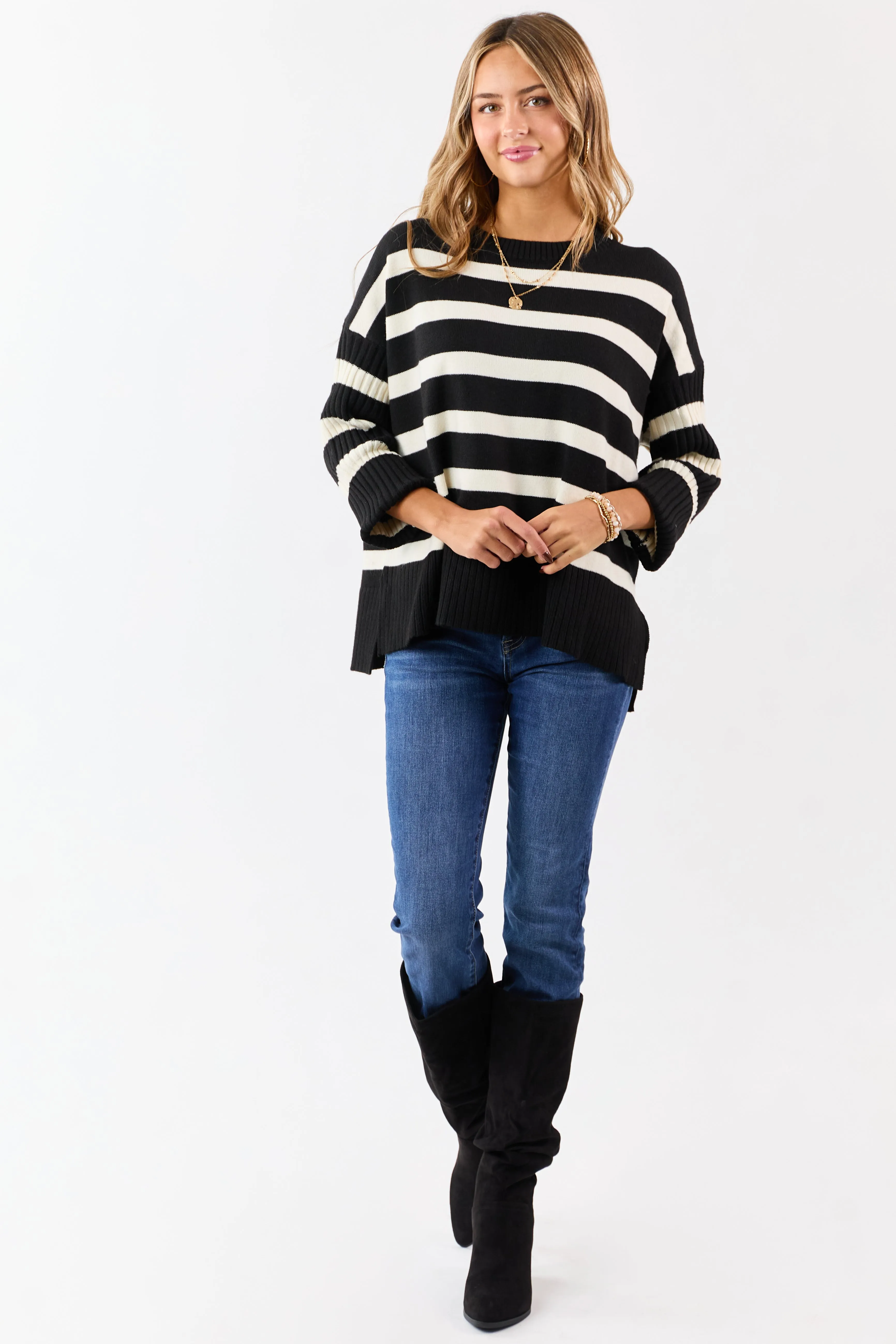 Black and Ivory Striped Ribbed Sleeve Sweater sold by Lime Lush product image thumbnail 2