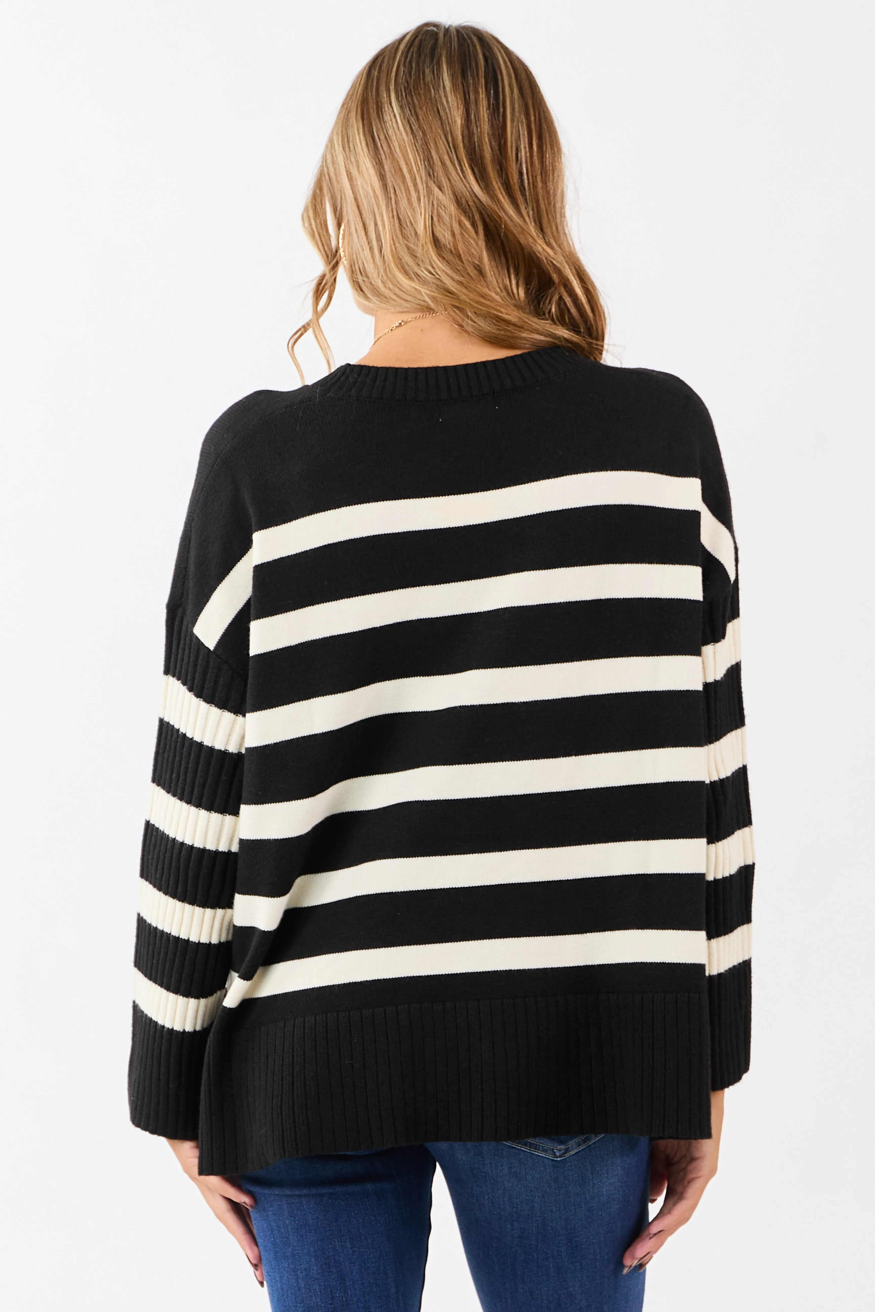 Black and Ivory Striped Ribbed Sleeve Sweater sold by Lime Lush product image thumbnail 5