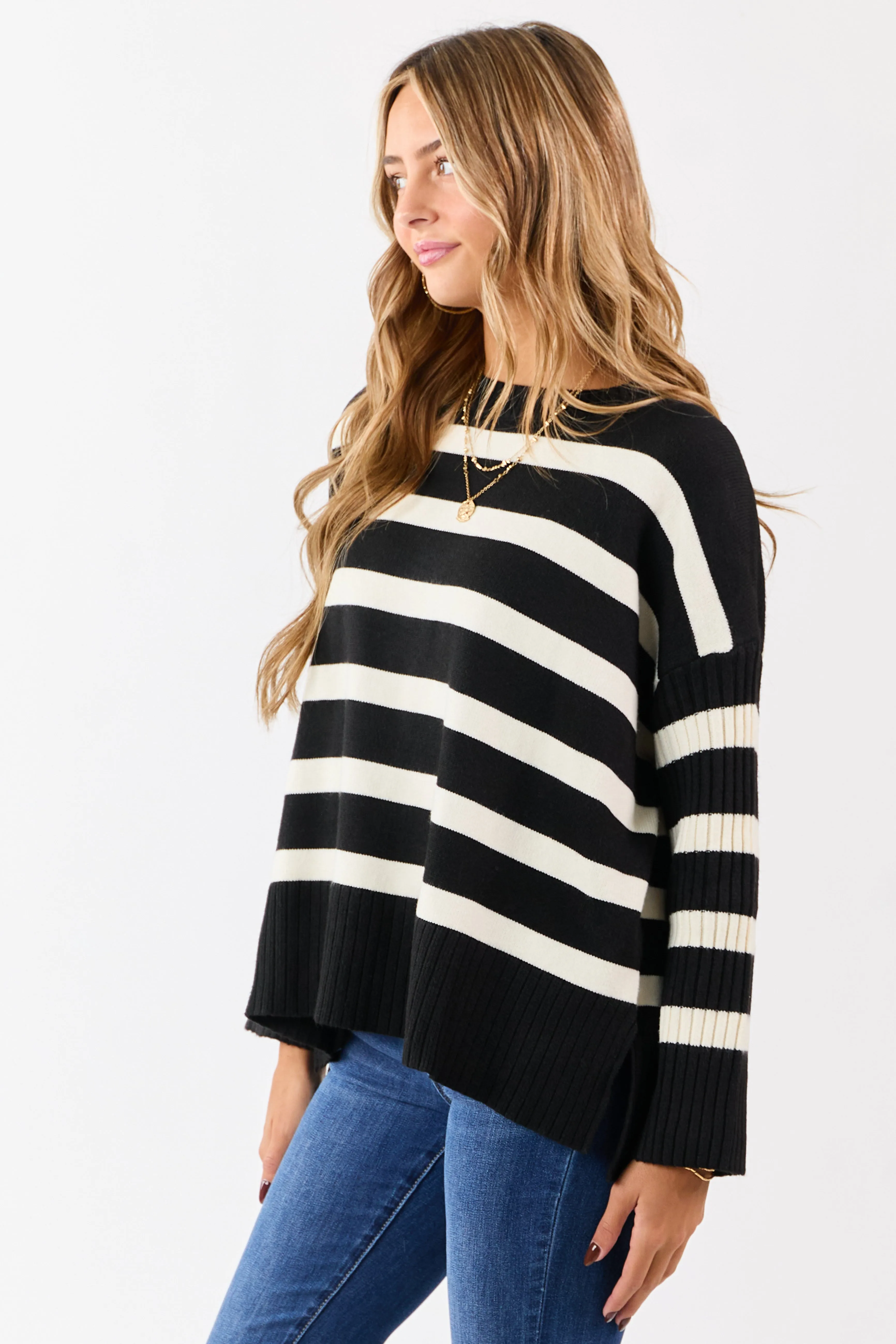 Black and Ivory Striped Ribbed Sleeve Sweater sold by Lime Lush product image thumbnail 4