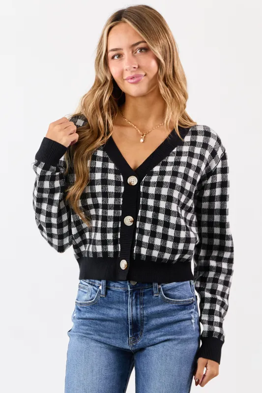 Black Checkered Button Down Cropped Cardigan sold by Lime Lush