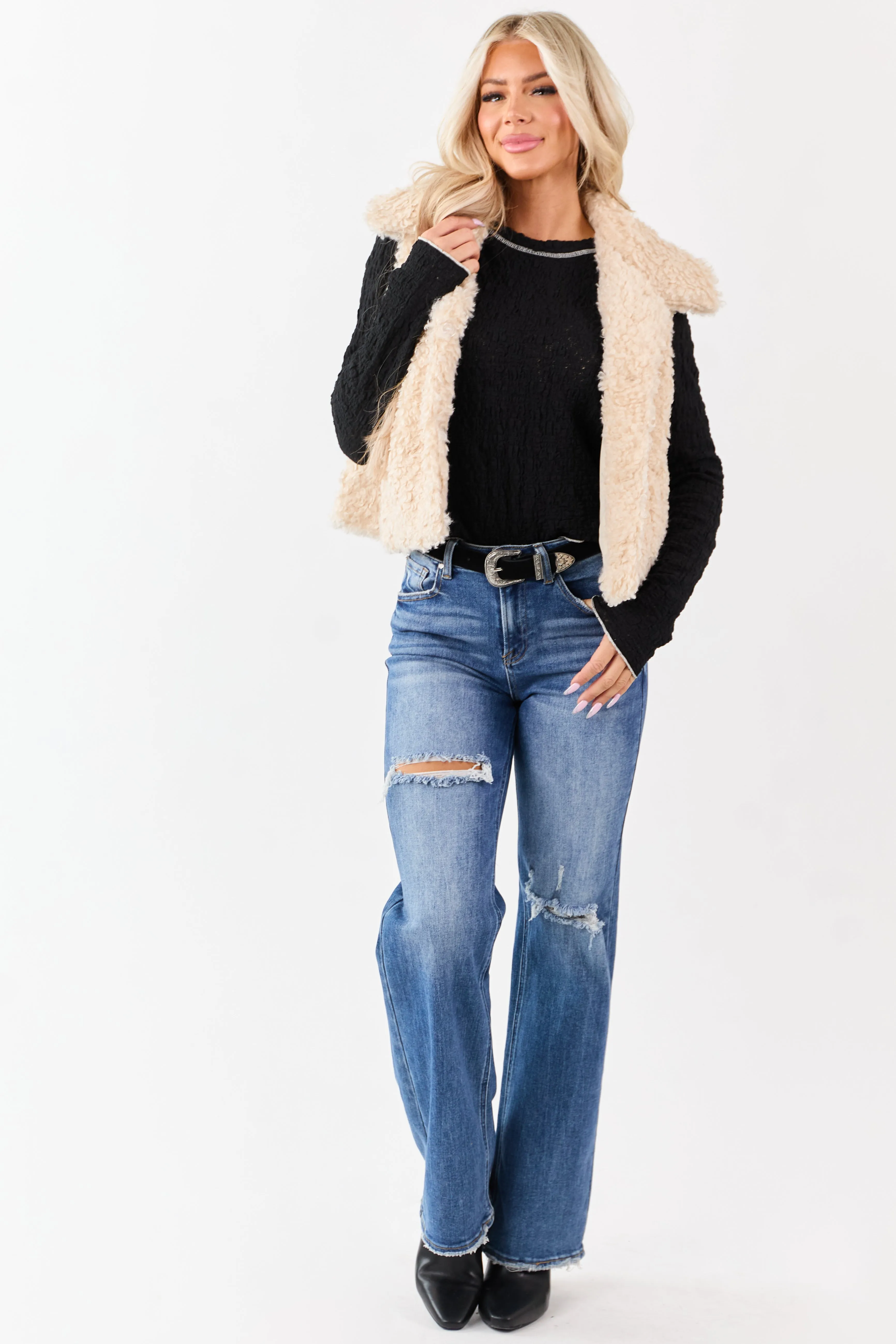 POL Black Lace Contrast Stitching Long Sleeve Top sold by Lime Lush product image thumbnail 4