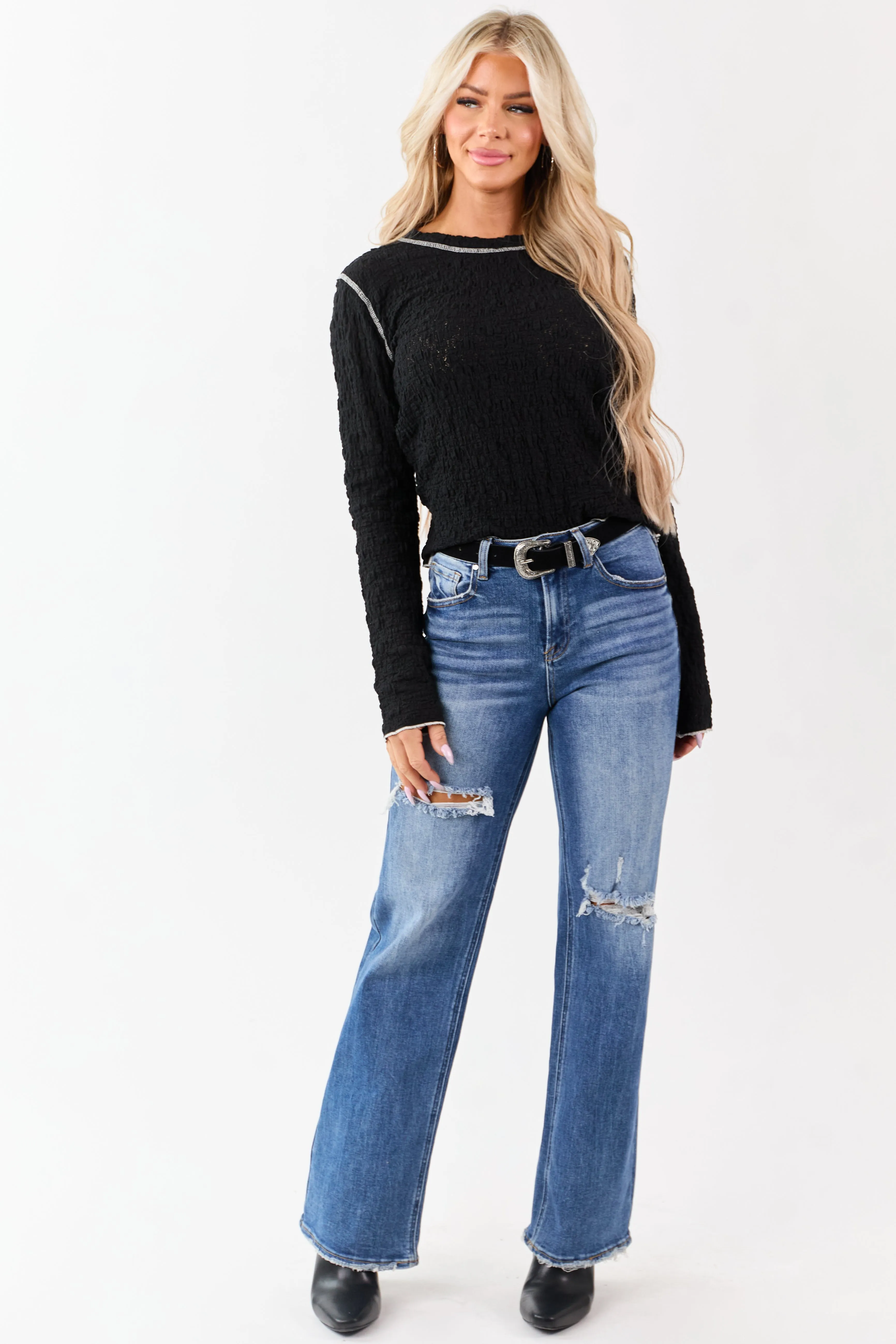 POL Black Lace Contrast Stitching Long Sleeve Top sold by Lime Lush product image thumbnail 3