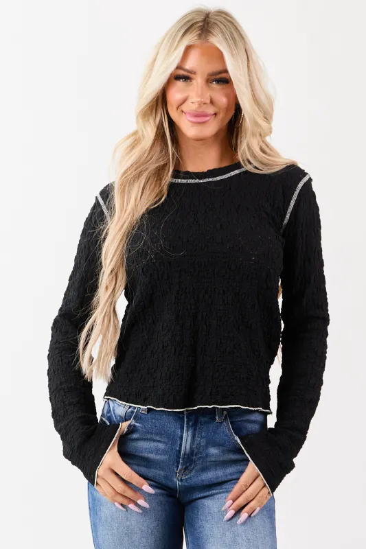 POL Black Lace Contrast Stitching Long Sleeve Top sold by Lime Lush