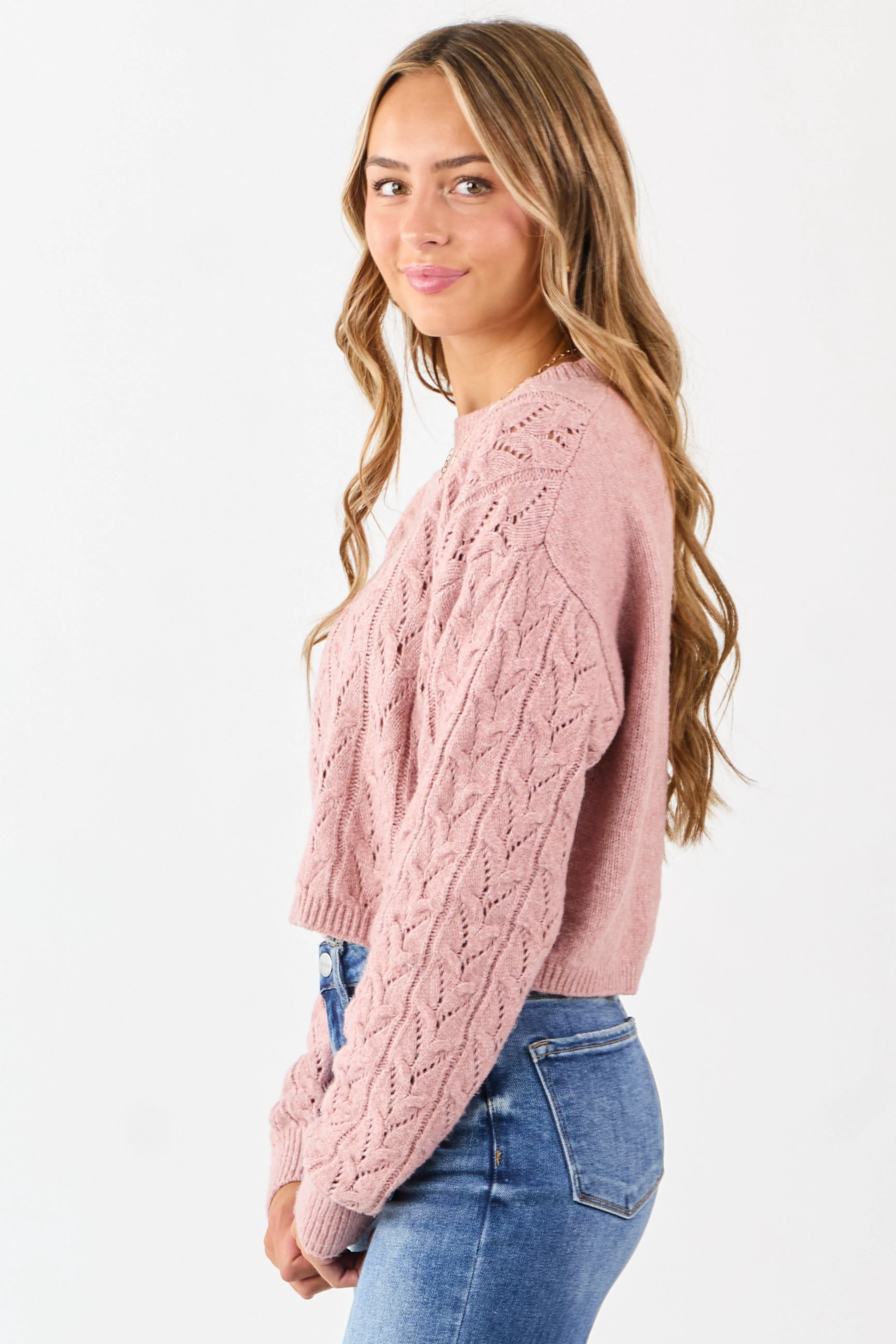 Dusty Rose Cable Knit Boxy Pointelle Sweater sold by Lime Lush product image thumbnail 4