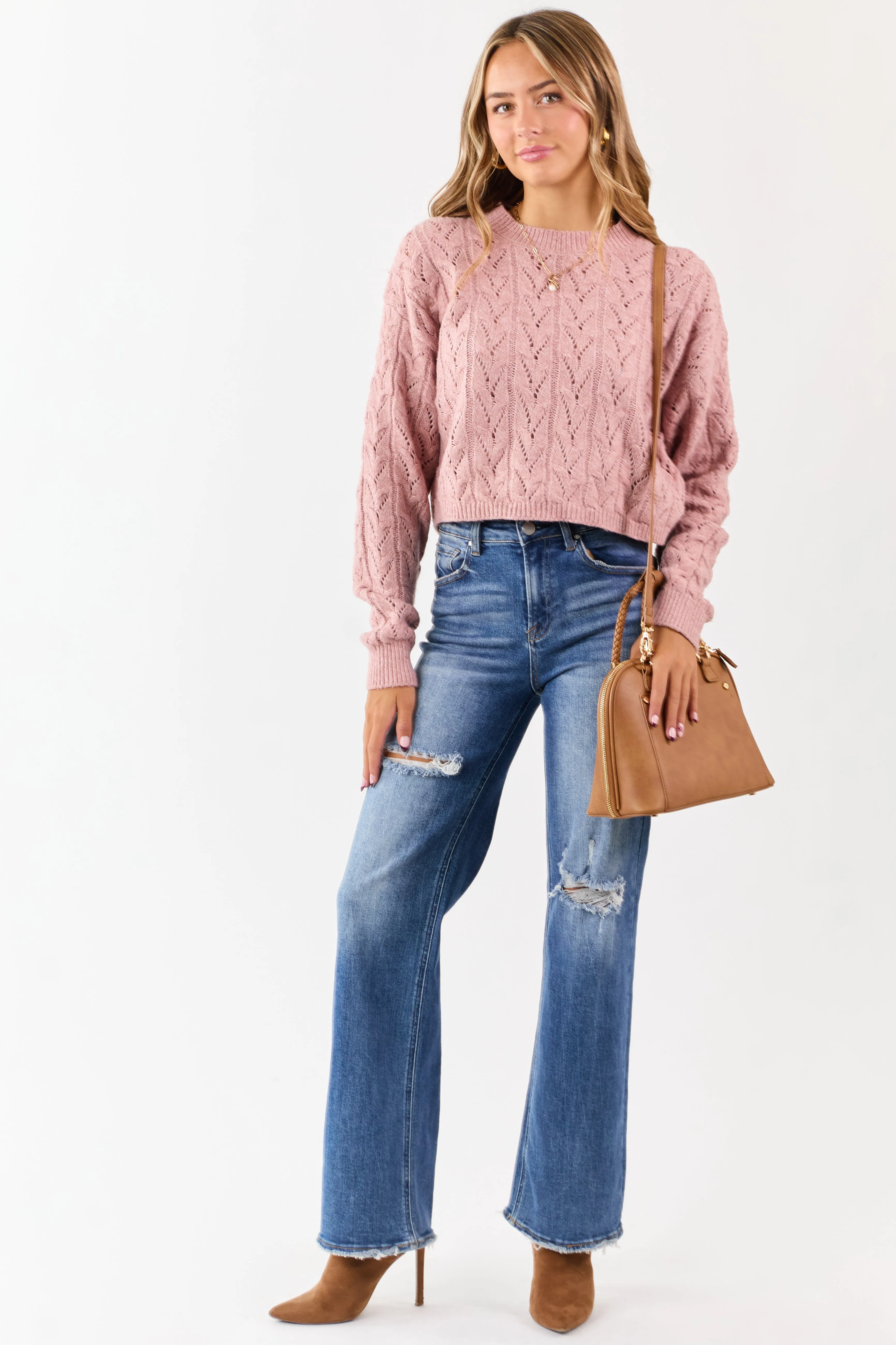Dusty Rose Cable Knit Boxy Pointelle Sweater sold by Lime Lush product image thumbnail 3