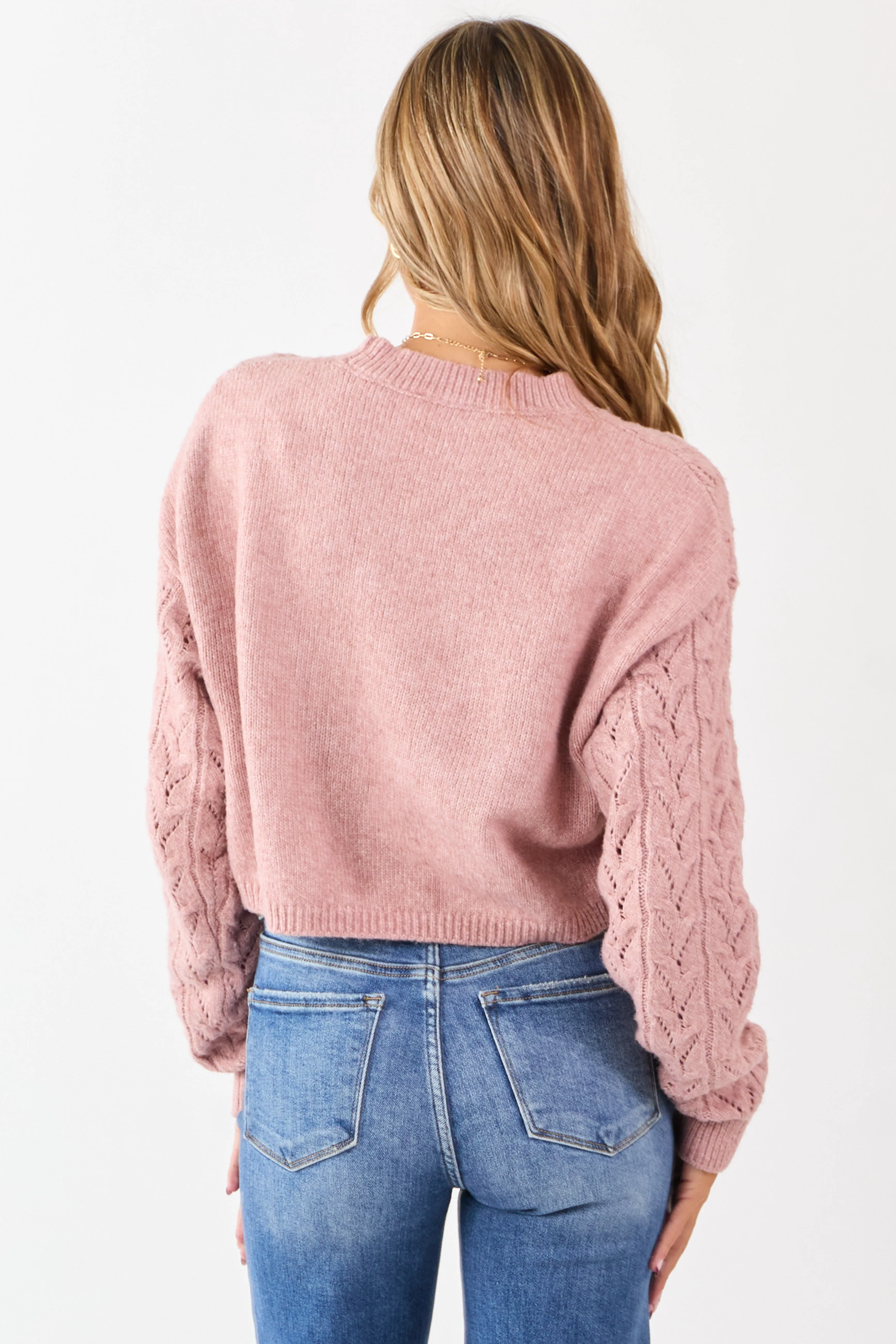 Dusty Rose Cable Knit Boxy Pointelle Sweater sold by Lime Lush product image thumbnail 5