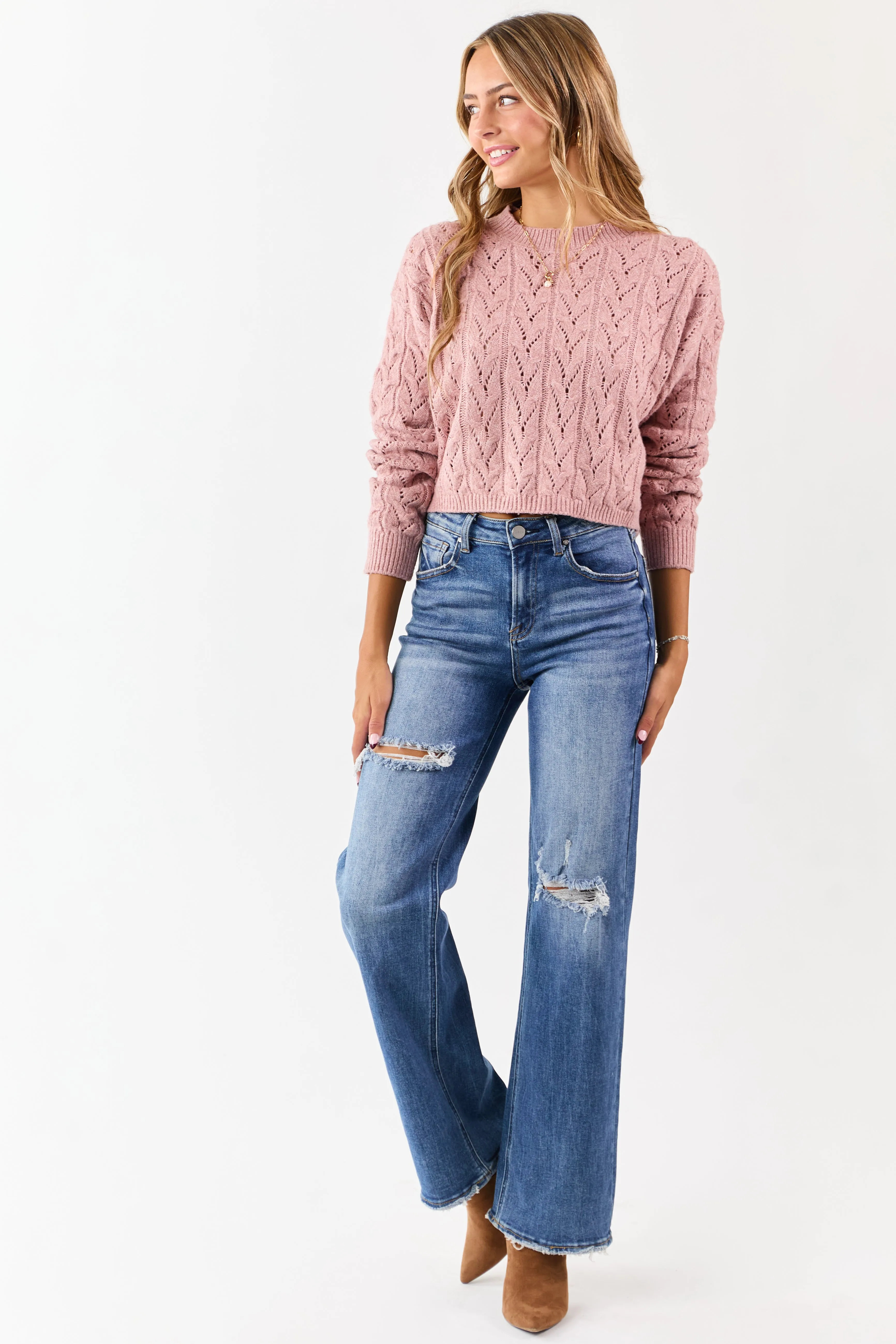 Dusty Rose Cable Knit Boxy Pointelle Sweater sold by Lime Lush product image thumbnail 2